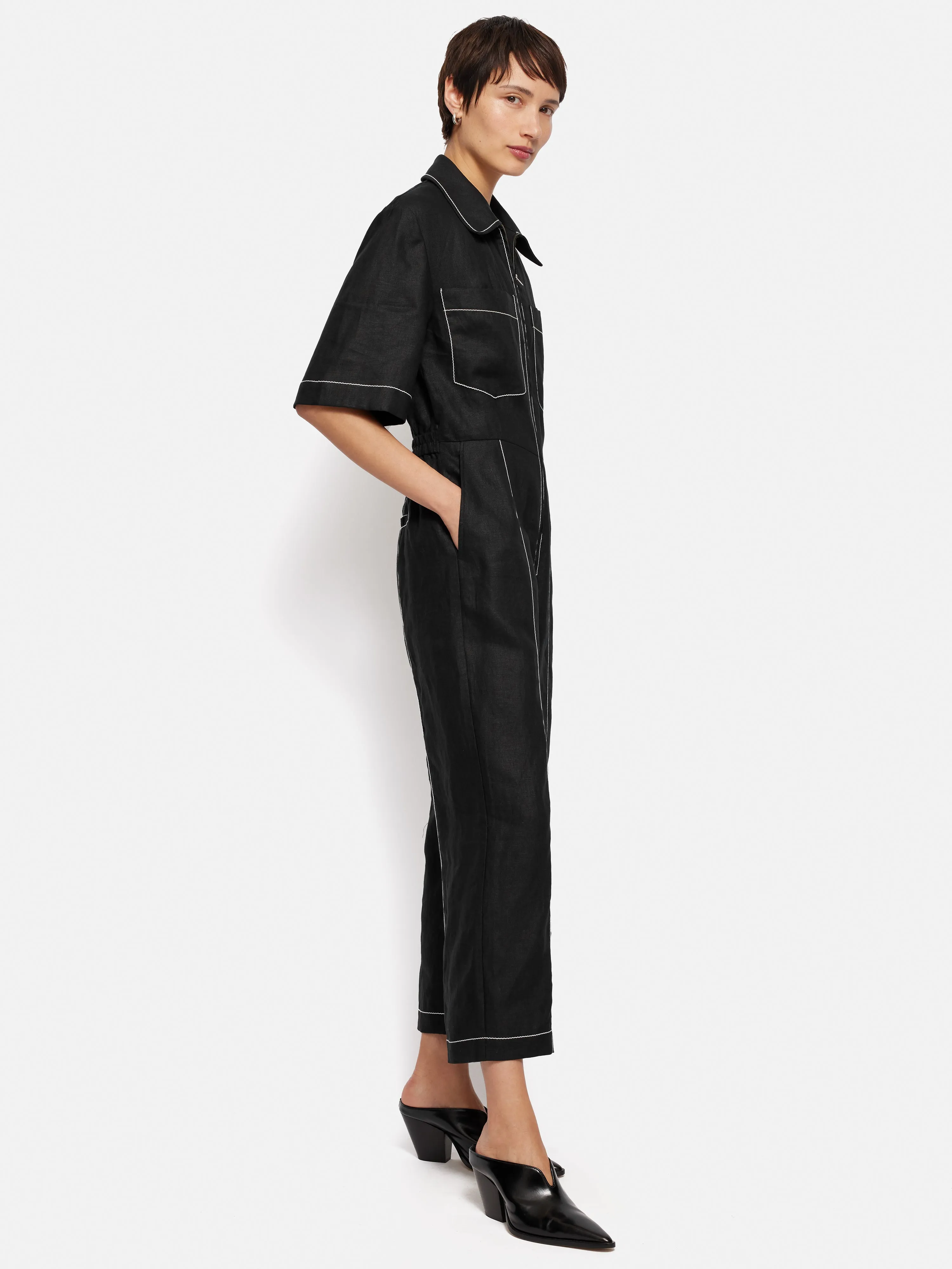 Linen Contrast Stitch Jumpsuit | Black sold by Jigsaw product image thumbnail 4