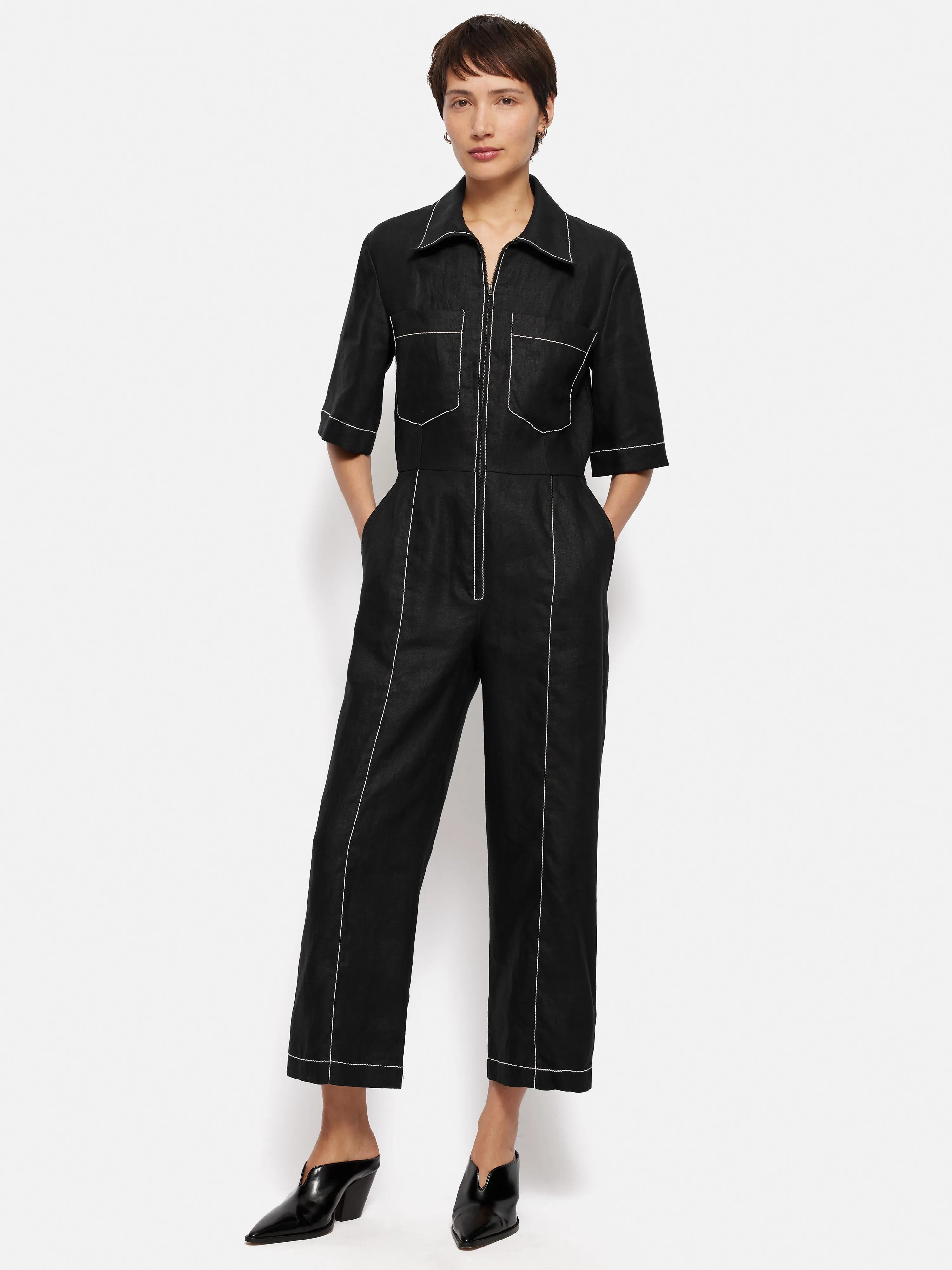 Linen Contrast Stitch Jumpsuit | Black sold by Jigsaw product image thumbnail 2