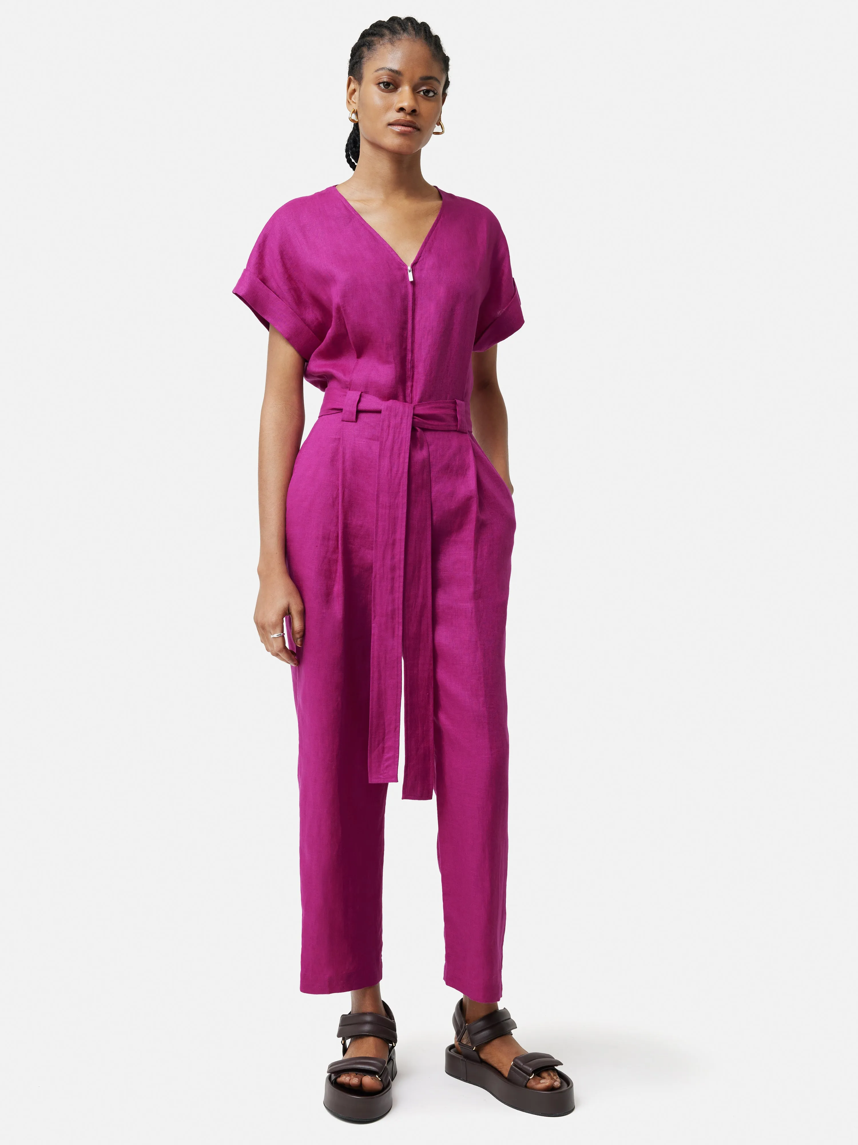Linen Belted Jumpsuit | Magenta sold by Jigsaw