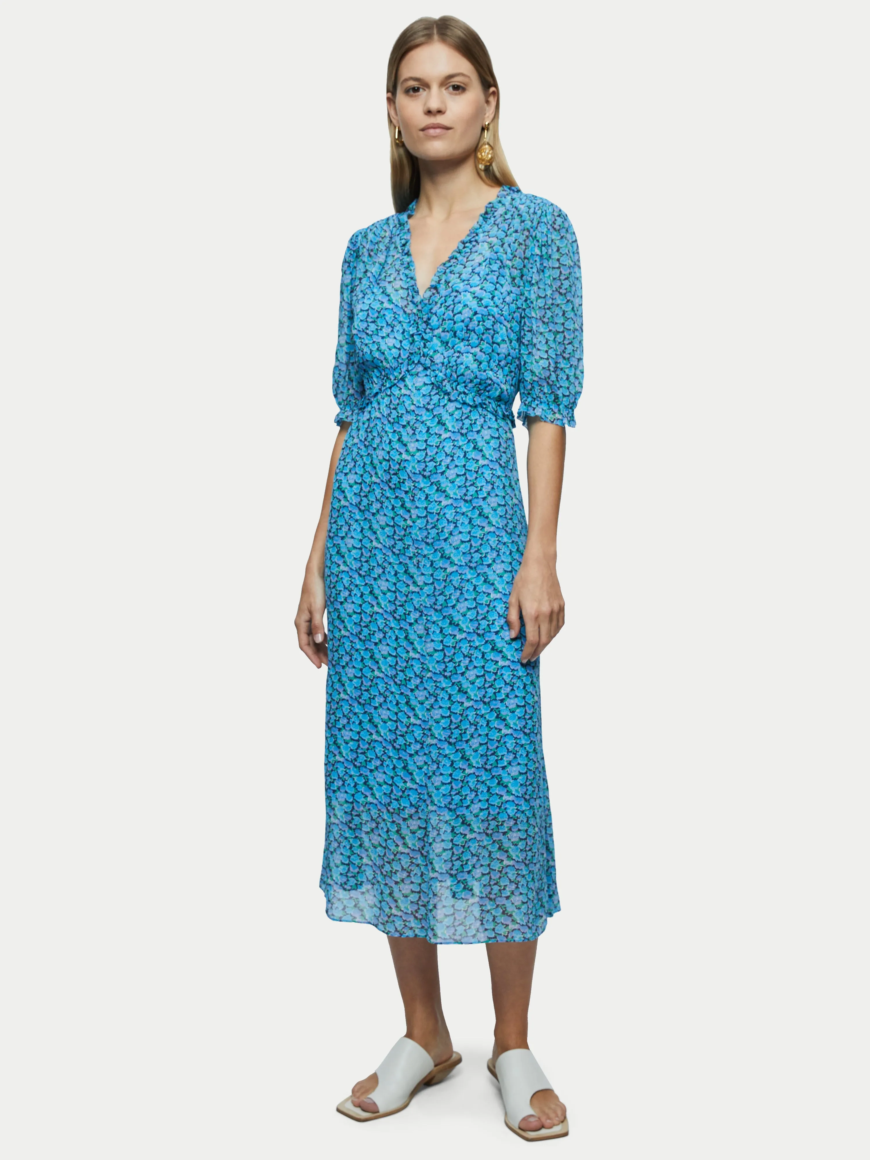 Hydrangea Crinkle Dress | Blue sold by Jigsaw