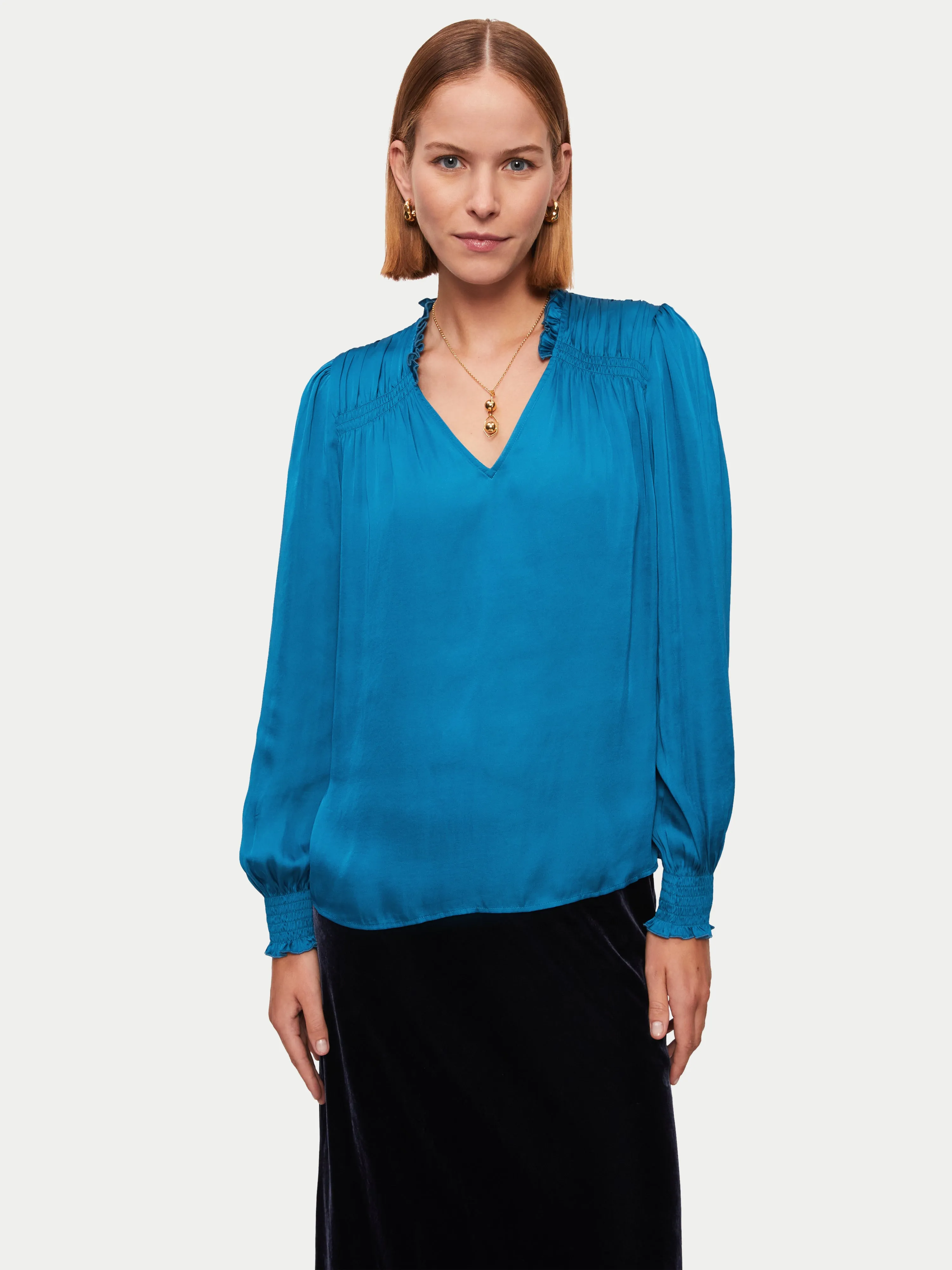 Recycled Satin Long Sleeve Top | Blue sold by Jigsaw