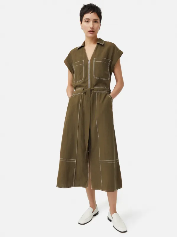Linen Lyocell Stitched Dress | Dark Khaki sold by Jigsaw