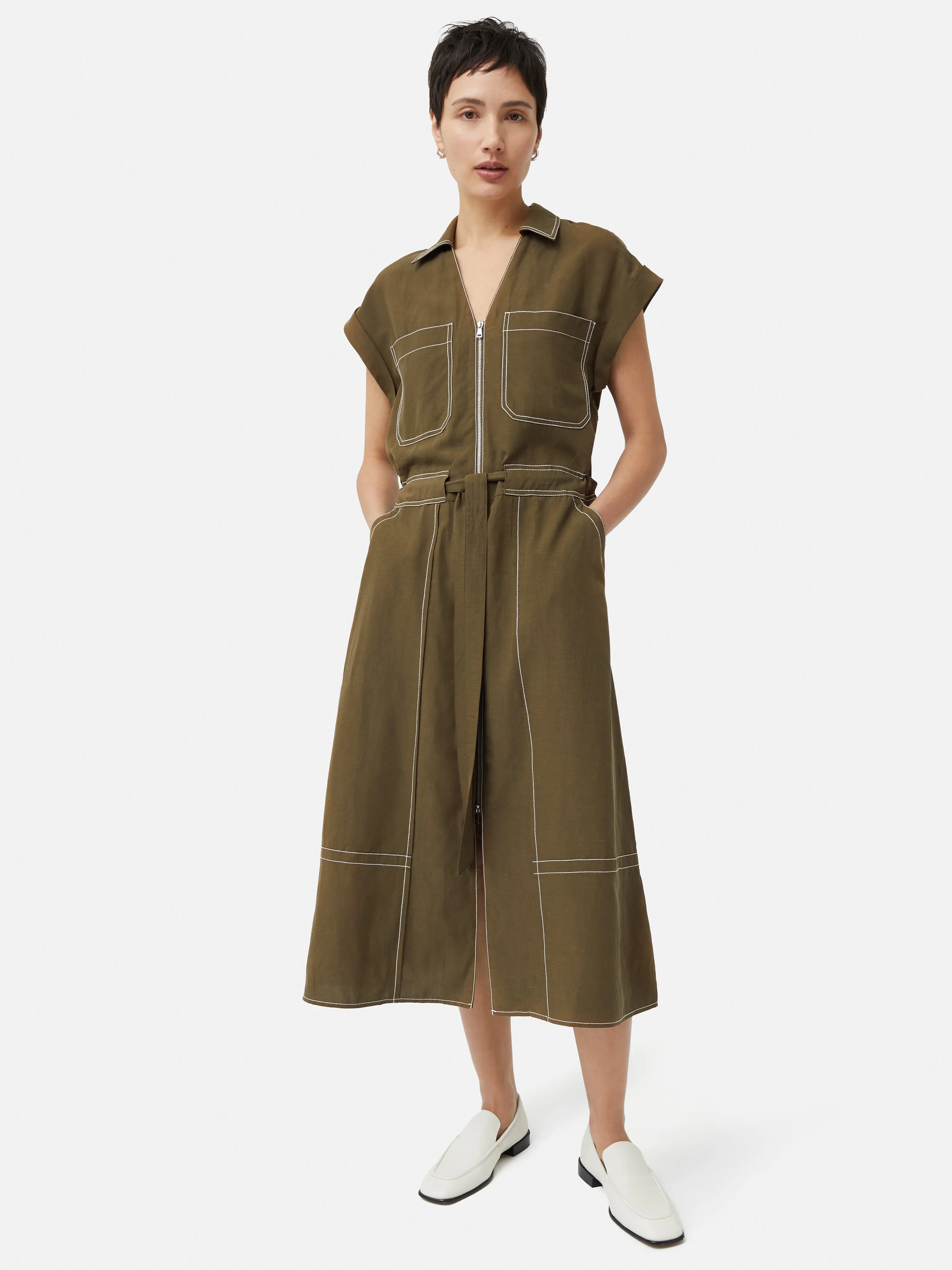 Linen Lyocell Stitched Dress | Dark Khaki sold by Jigsaw
