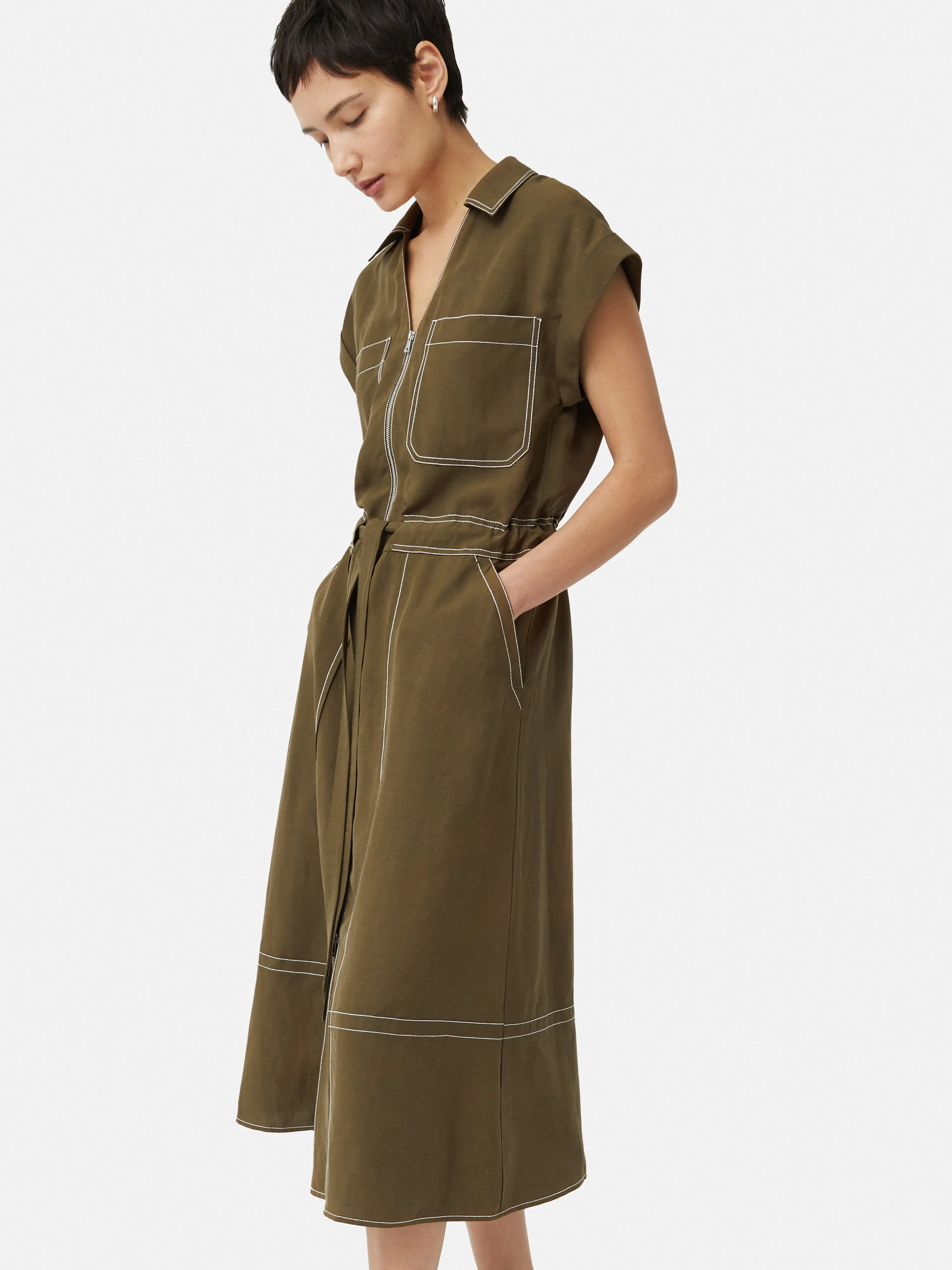 Linen Lyocell Stitched Dress | Dark Khaki sold by Jigsaw product image thumbnail 3