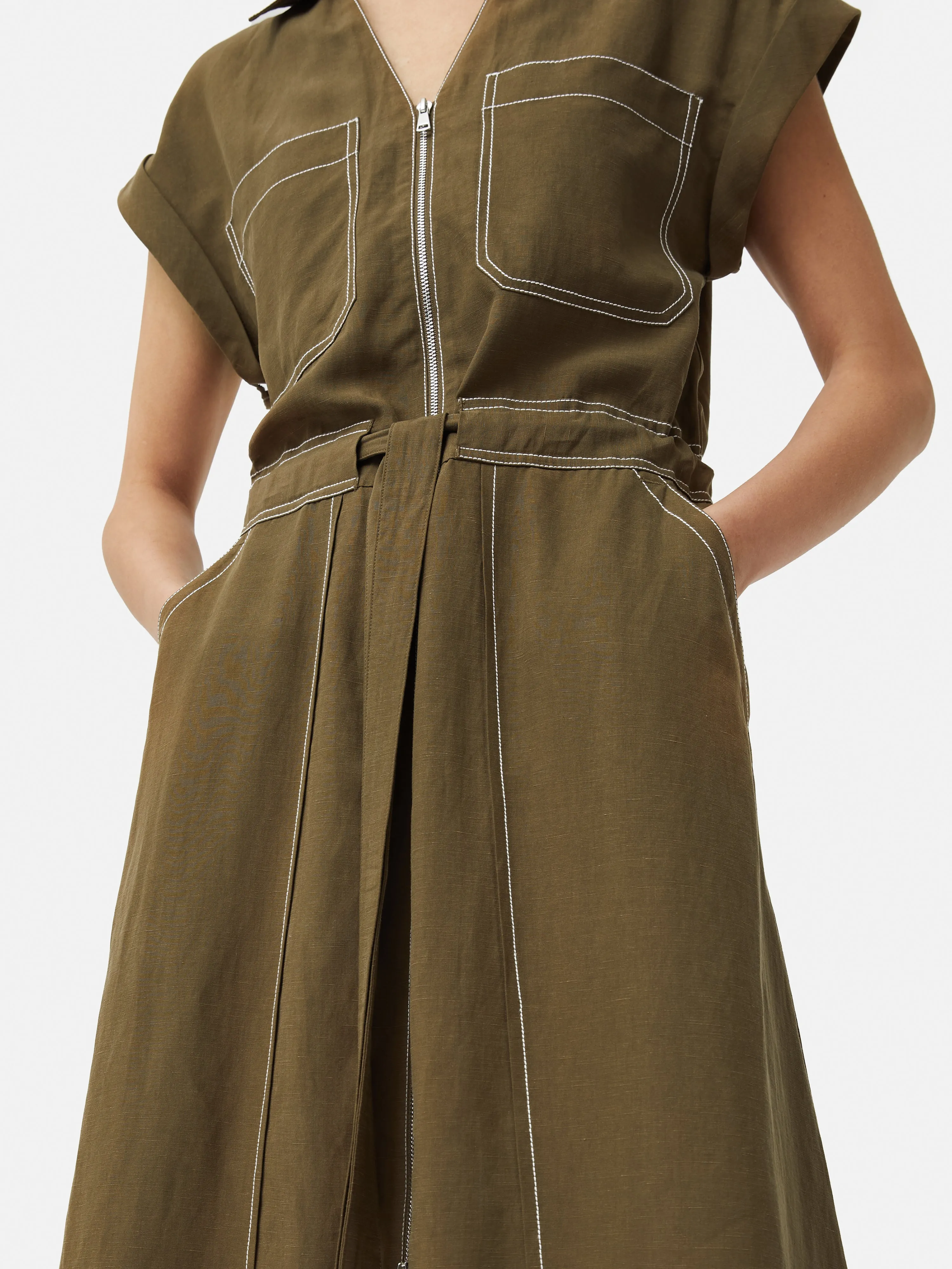 Linen Lyocell Stitched Dress | Dark Khaki sold by Jigsaw product image thumbnail 4