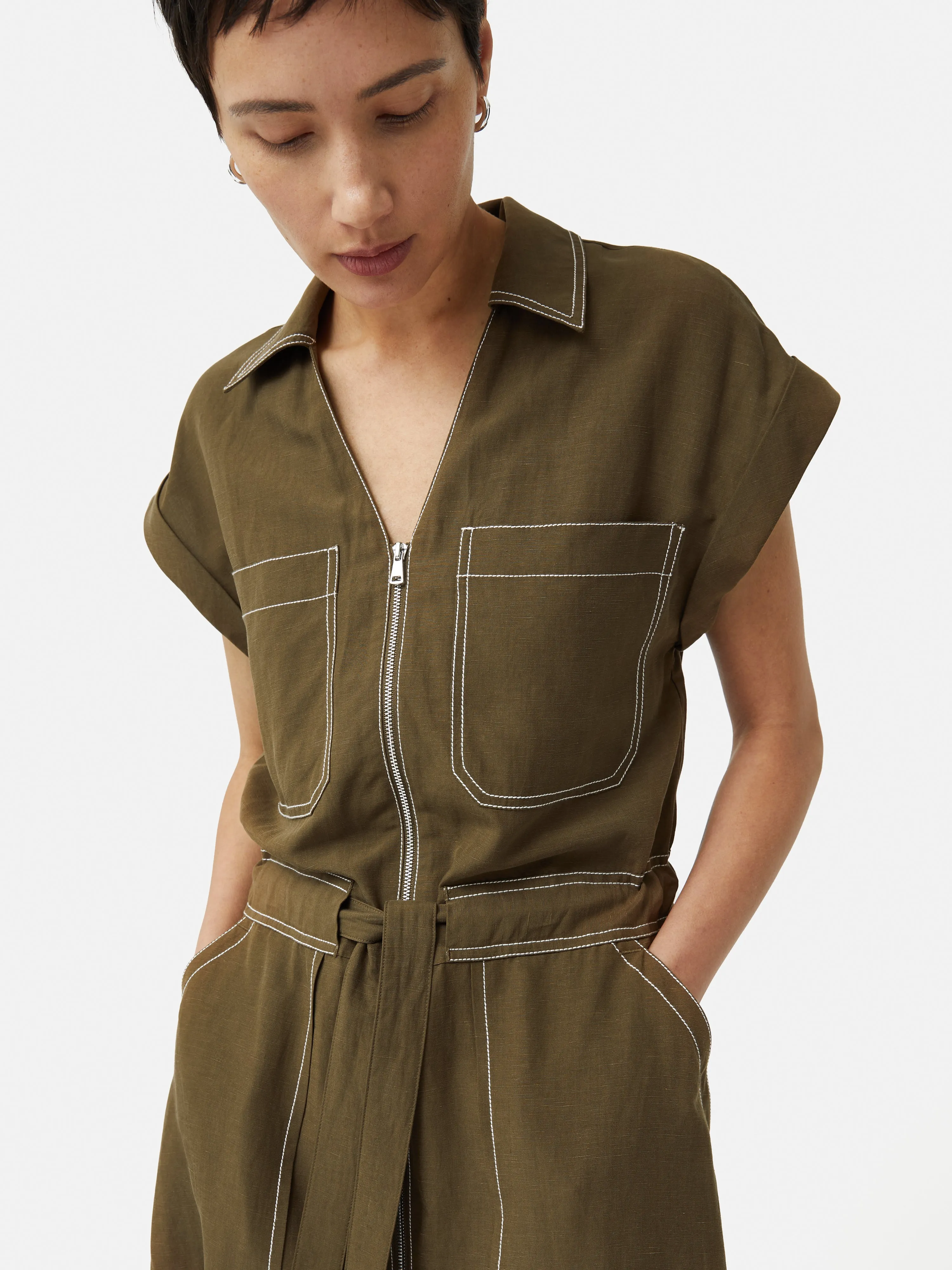 Linen Lyocell Stitched Dress | Dark Khaki sold by Jigsaw product image thumbnail 2