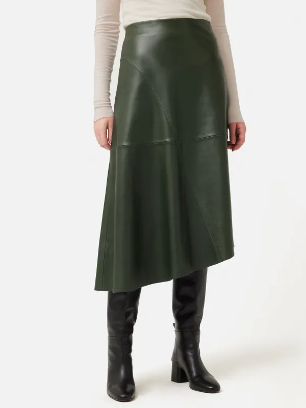 Leather Midi Asymmetric Skirt | Green sold by Jigsaw