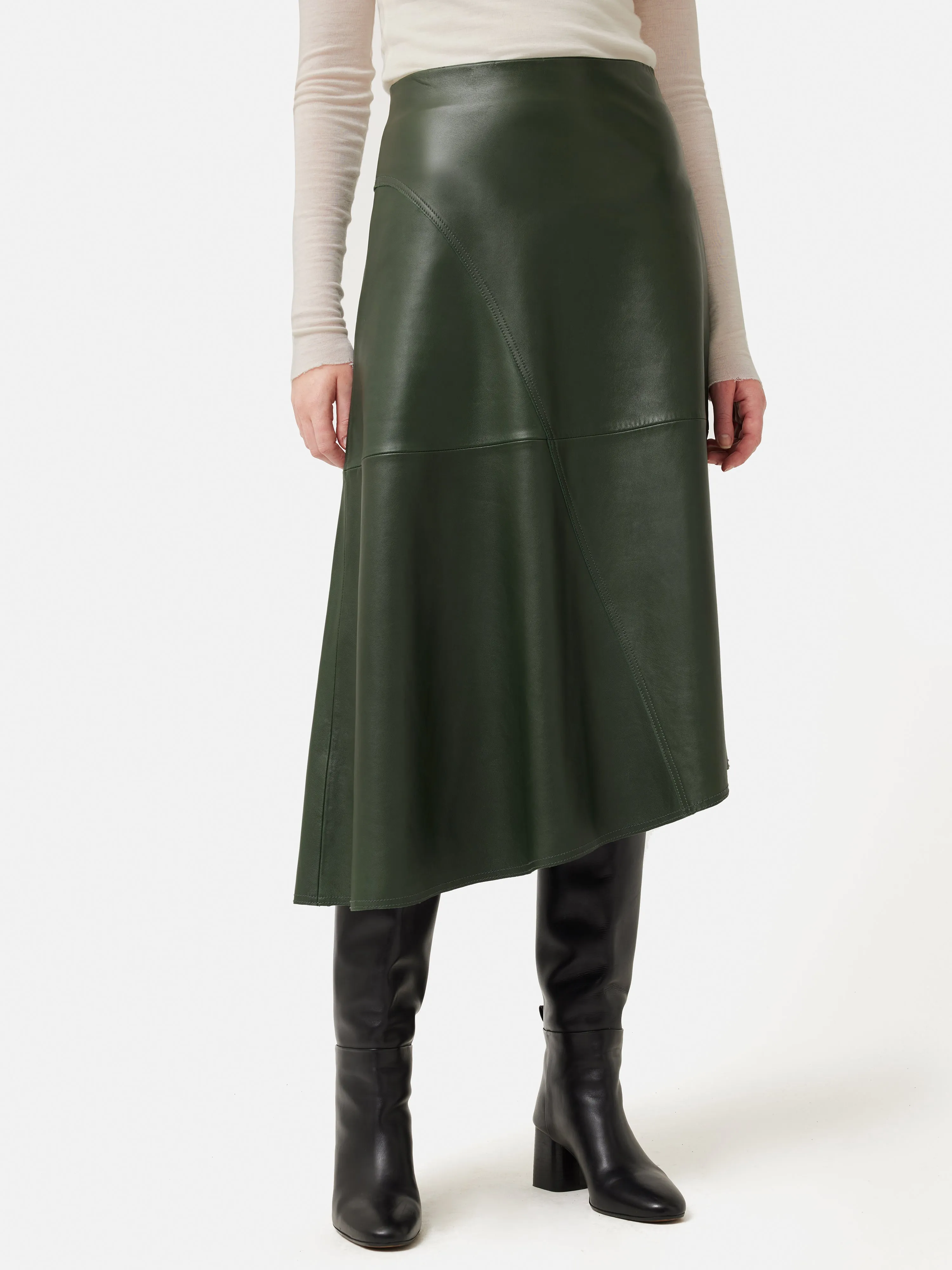 Leather Midi Asymmetric Skirt | Green sold by Jigsaw