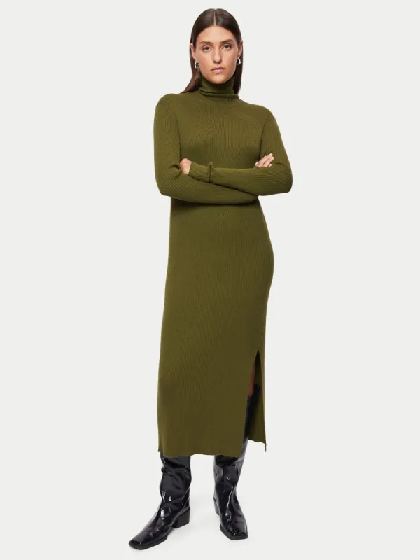Ribbed Knit Polo Neck Dress | Green sold by Jigsaw