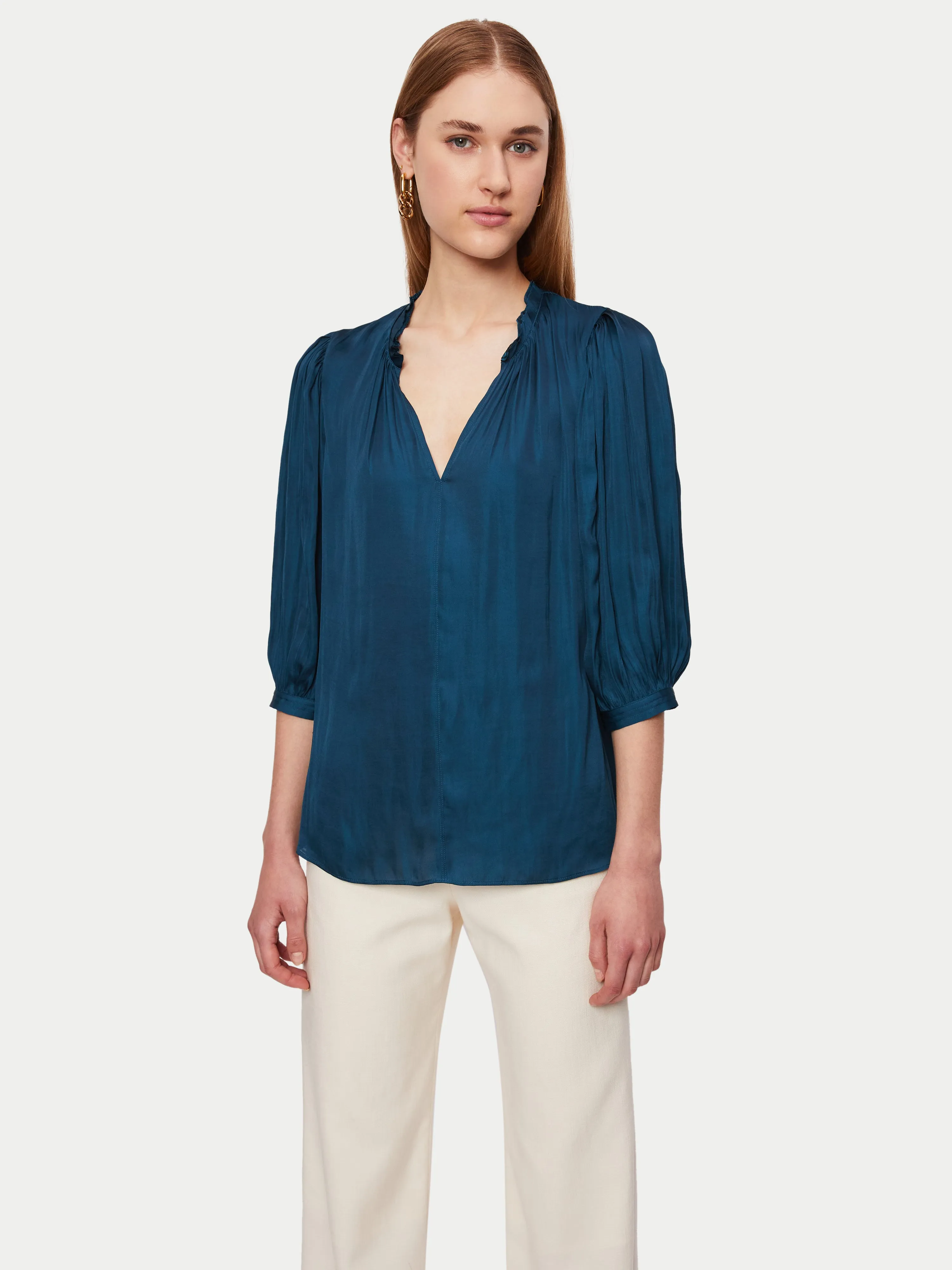 Cecily Satin Drape Top | Blue sold by Jigsaw