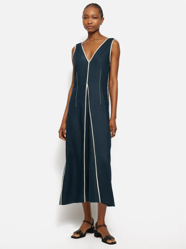 Linen Sleeveless Piped Dress | Navy sold by Jigsaw