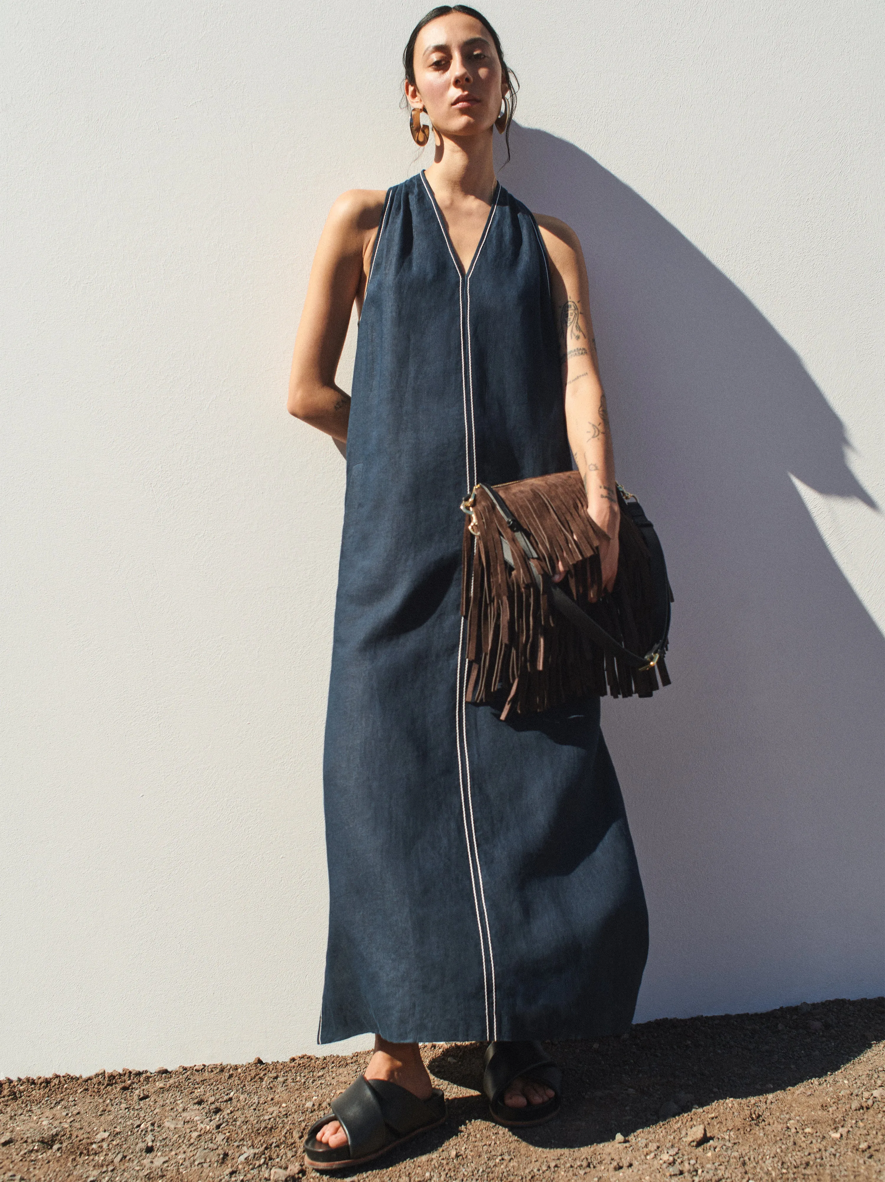 Linen Stitch Detail Maxi Dress | Navy sold by Jigsaw