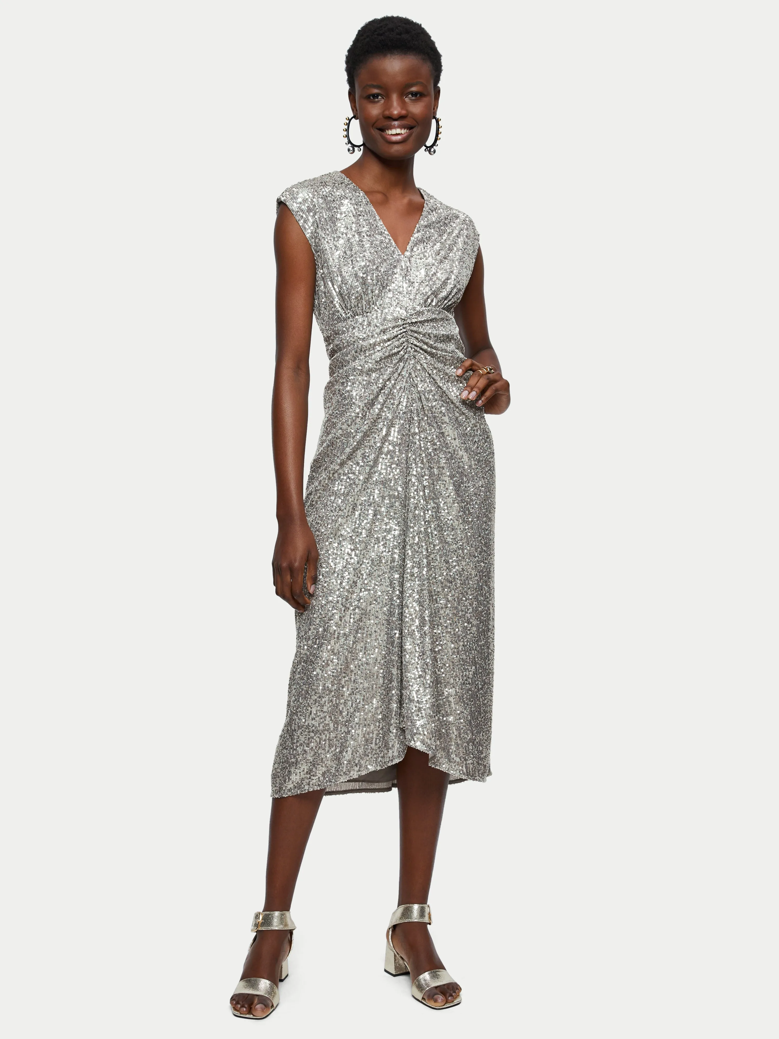 Sequin Ruched Midi Dress | Pewter sold by Jigsaw