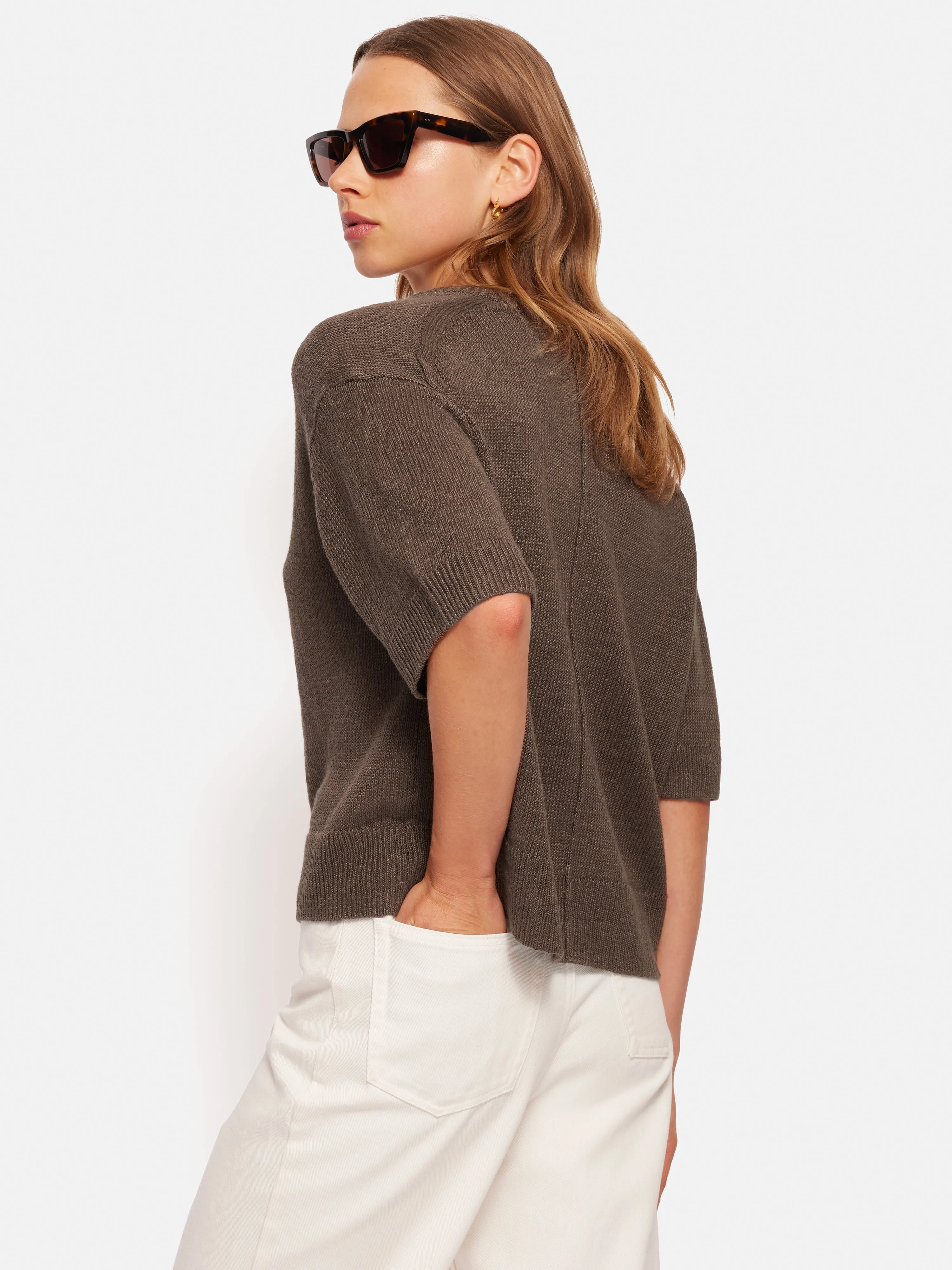 Linen U Neck Knitted T-Shirt | Brown sold by Jigsaw product image thumbnail 4