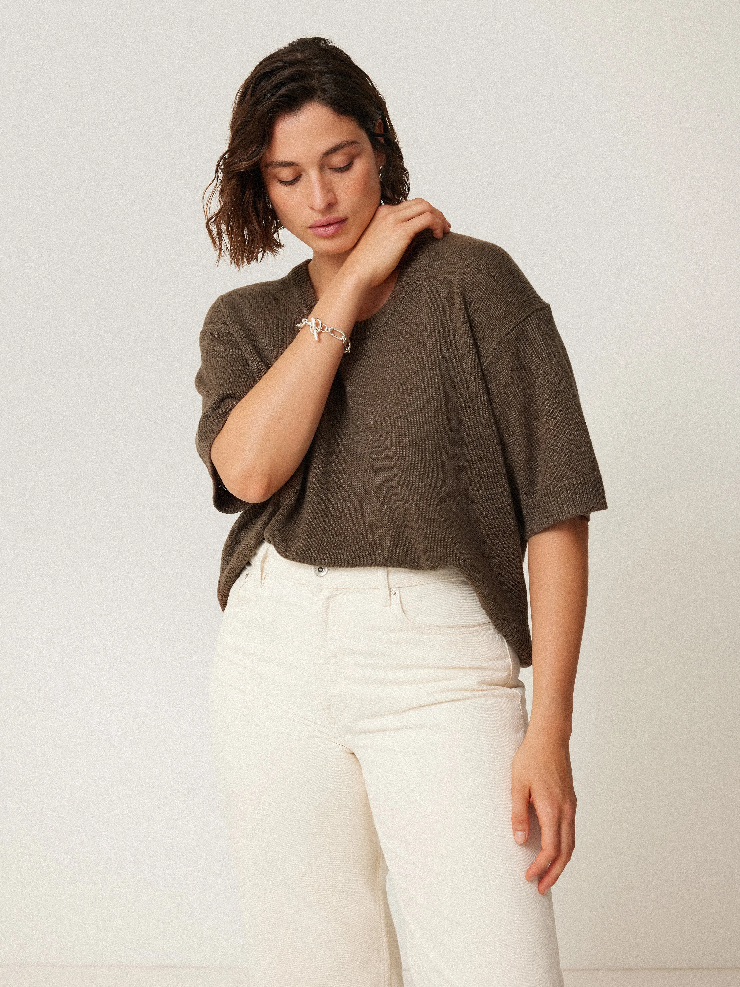 Linen Scoop Neck Knitted T-Shirt | Brown sold by Jigsaw