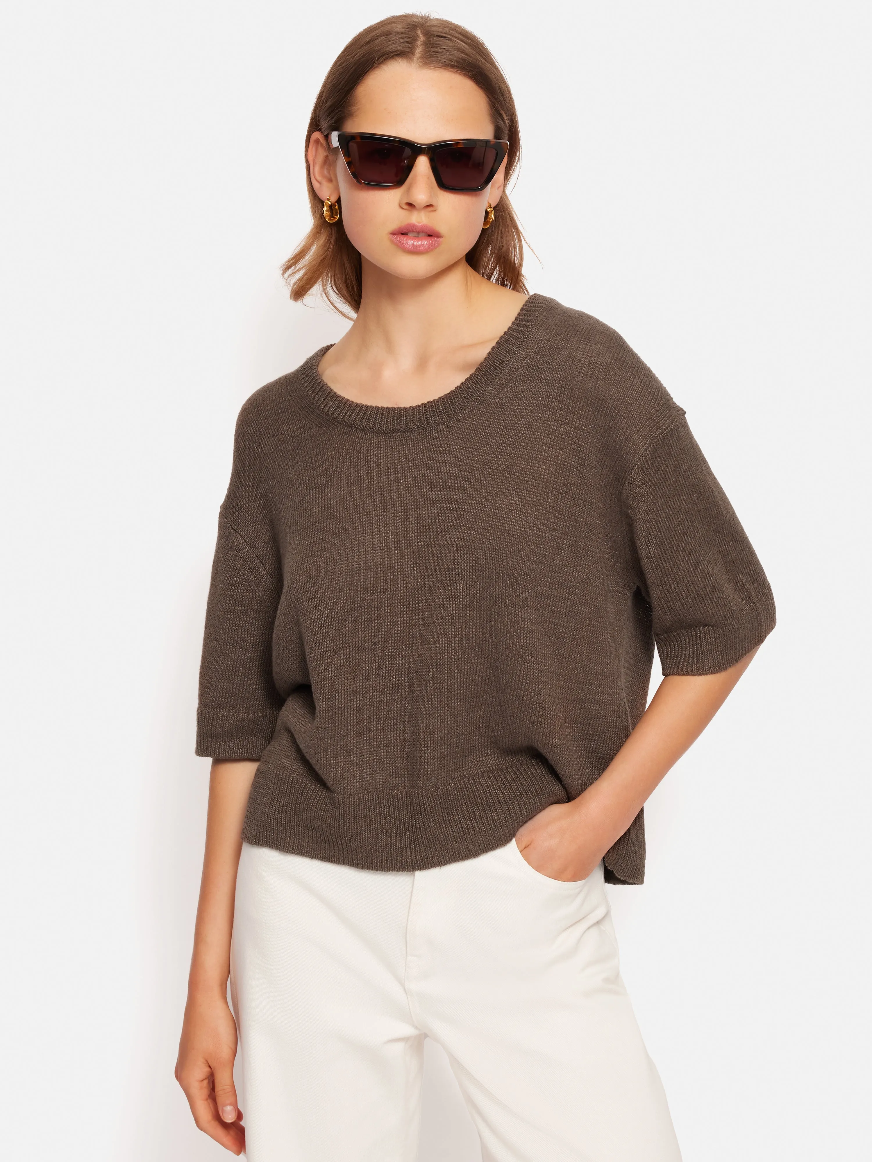 Linen Scoop Neck Knitted T-Shirt | Brown sold by Jigsaw product image thumbnail 2