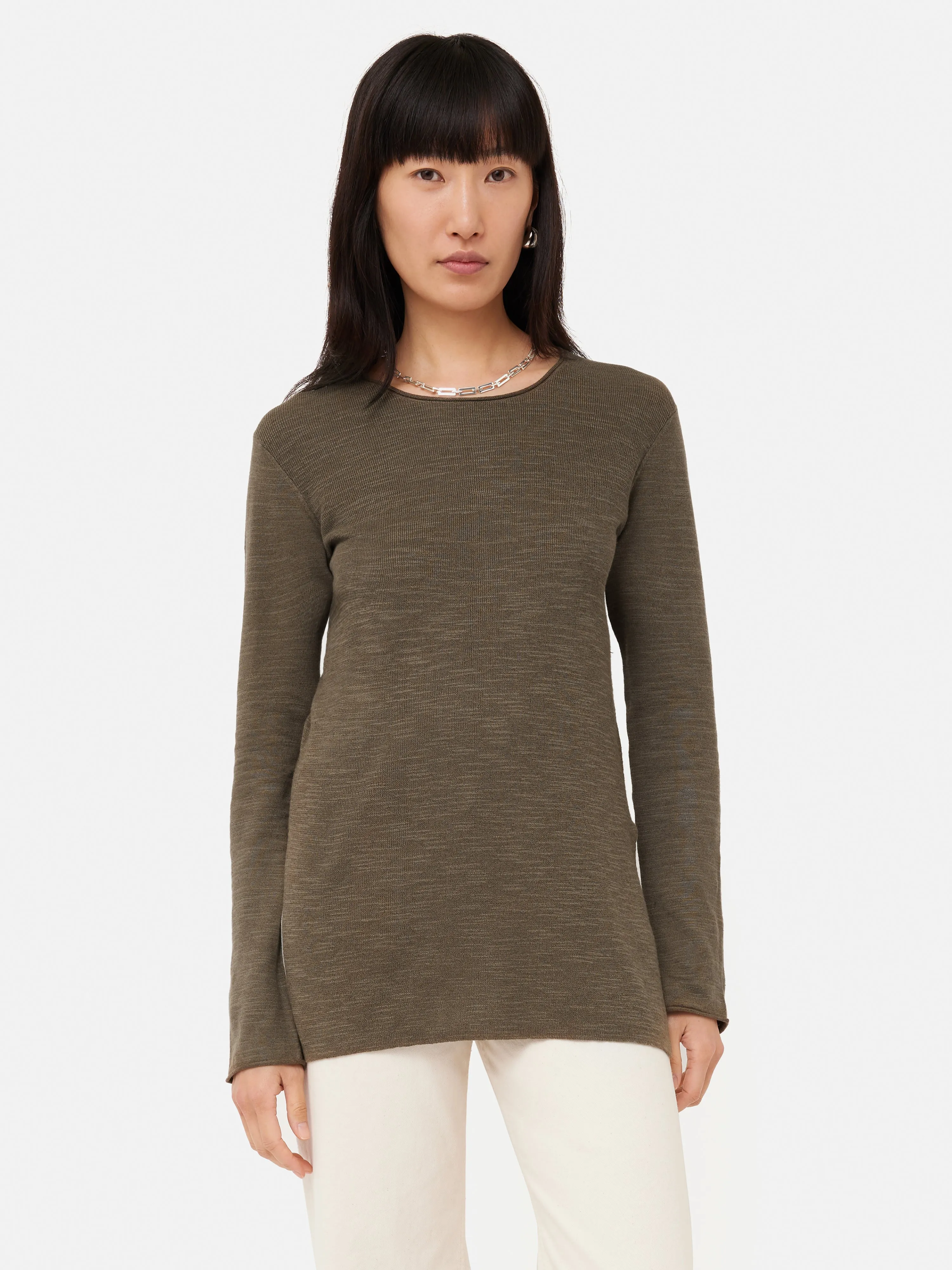 Linen Cotton Crew Neck Jumper | Khaki sold by Jigsaw