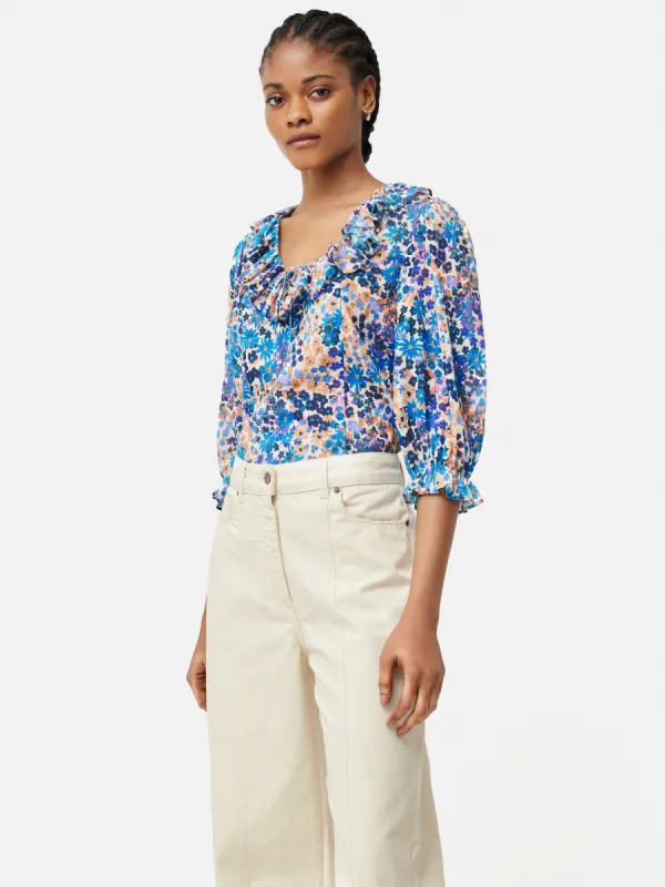 Rave Floral Cotton Crinkle Top | Blue sold by Jigsaw