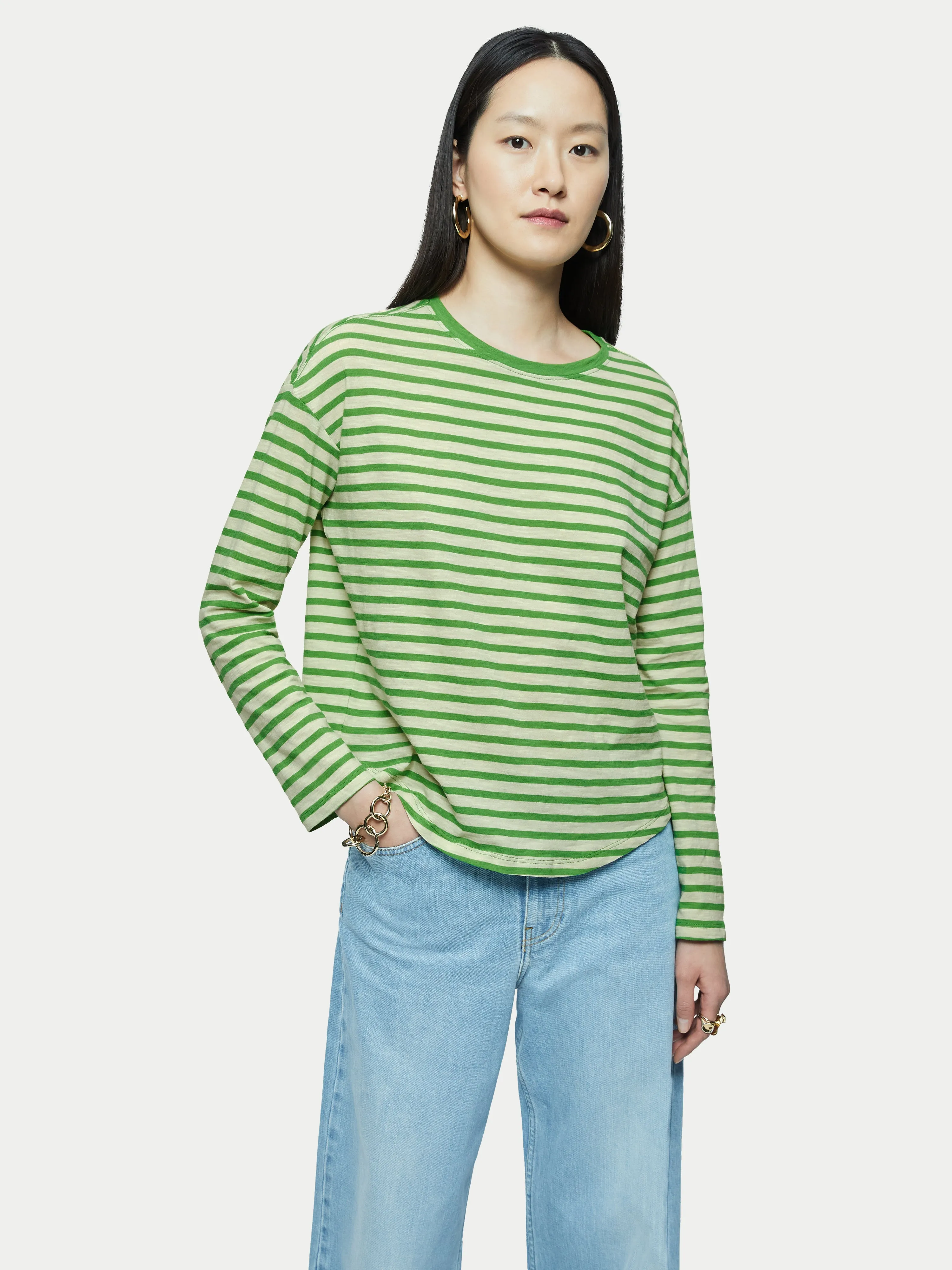 Cotton Slub Striped Long Sleeve Tee | Green sold by Jigsaw
