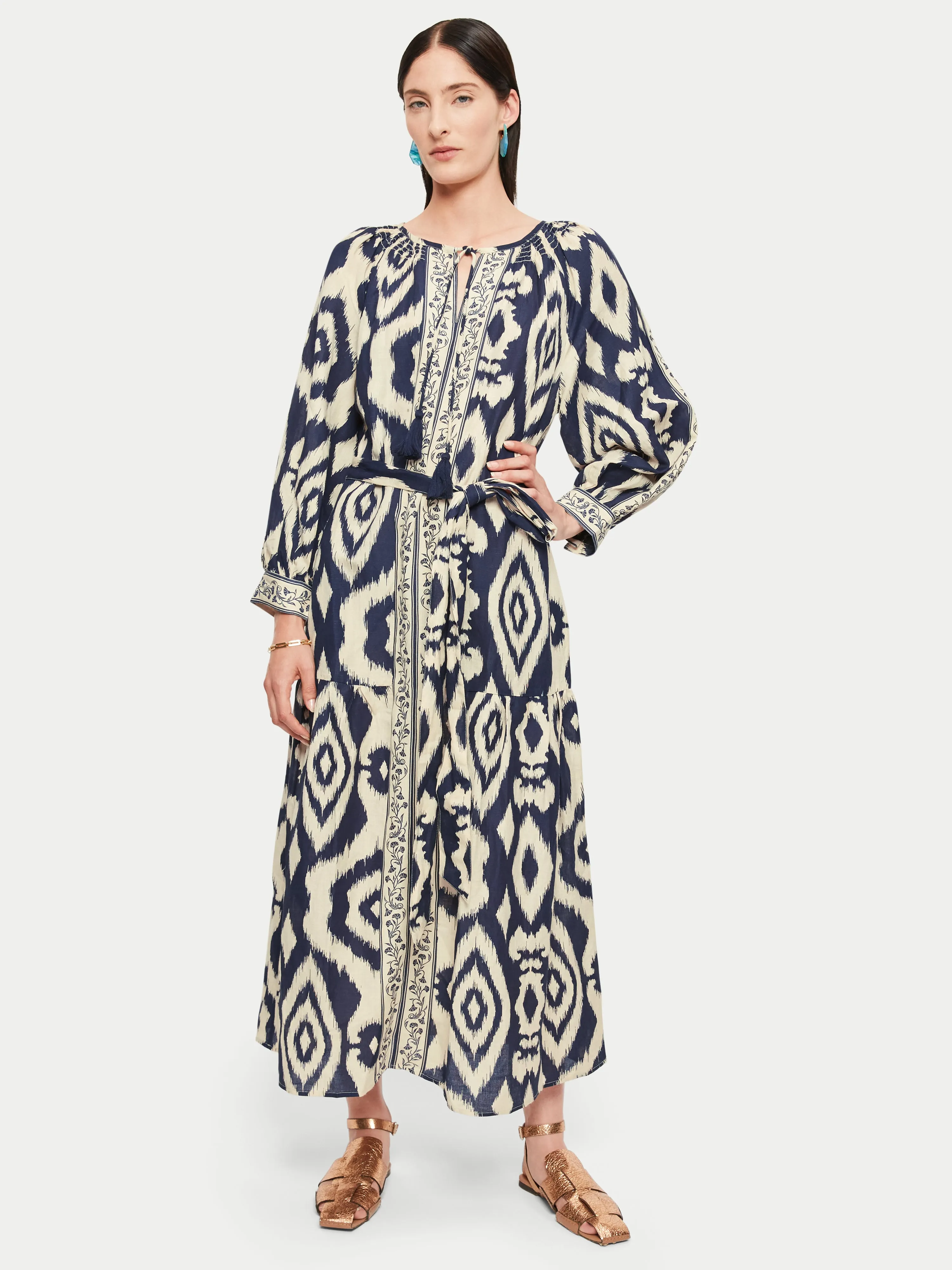 Linen Blend Ikat Dress | Navy sold by Jigsaw