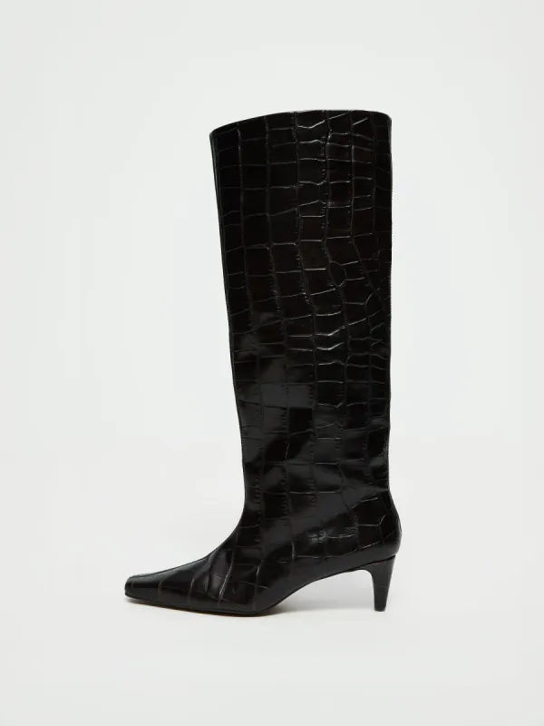 Oslo Croc Knee High Boot | Chocolate sold by Jigsaw