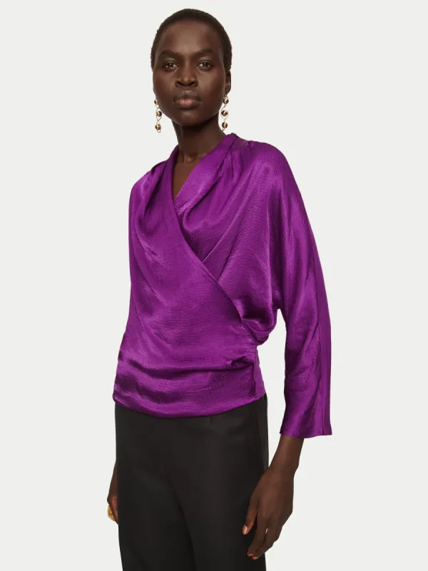 Hammered Satin Wrap Front Top | Purple sold by Jigsaw
