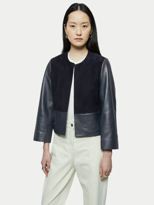 Nakoa Leather Mix Jacket | Navy sold by Jigsaw