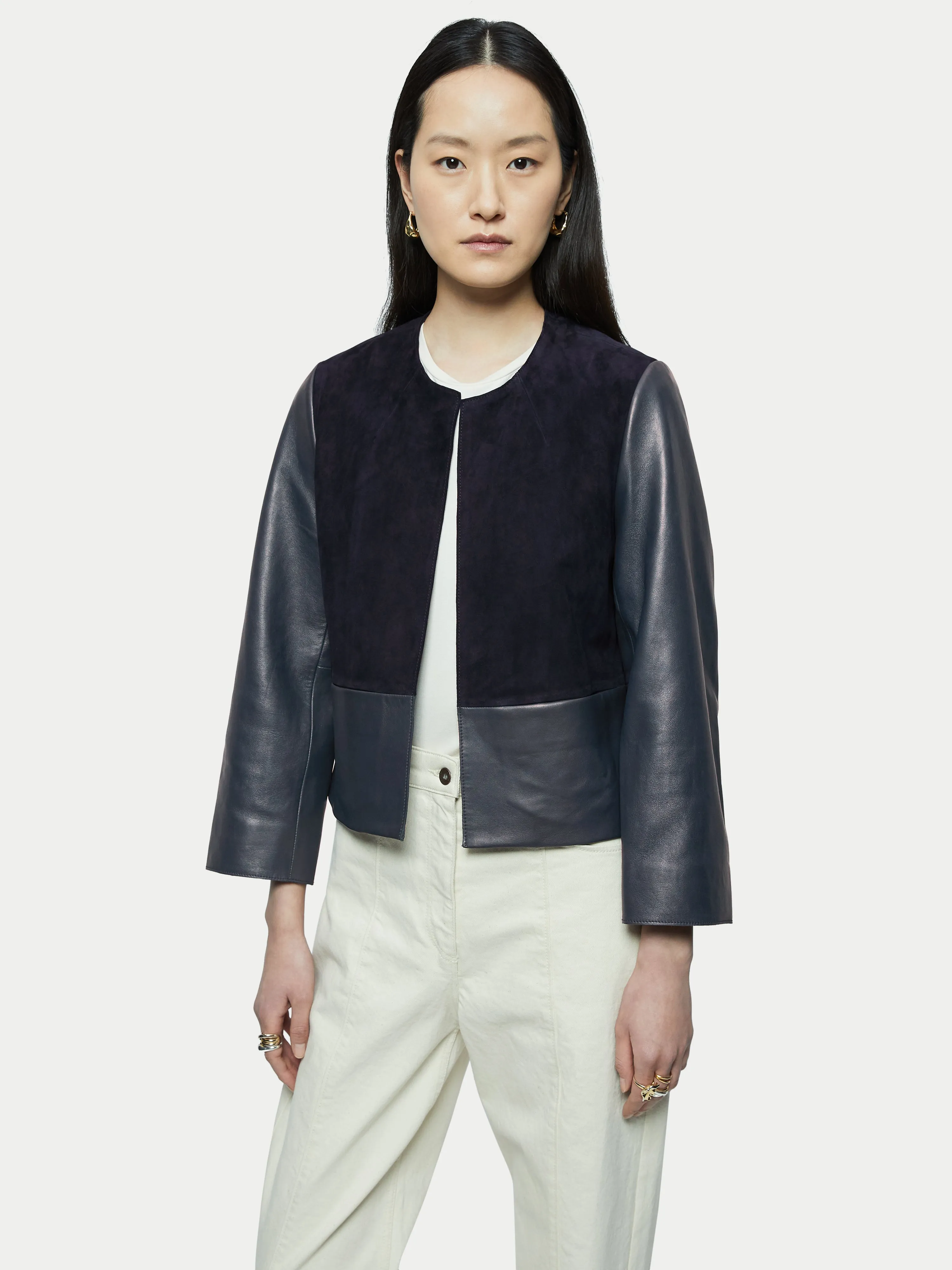 Nakoa Leather Mix Jacket | Navy sold by Jigsaw