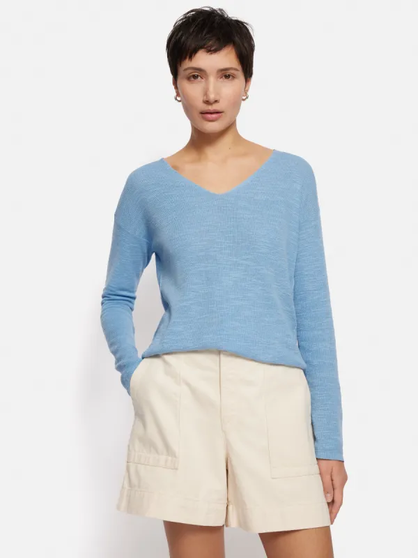 Linen Cotton V Neck Jumper | Blue sold by Jigsaw