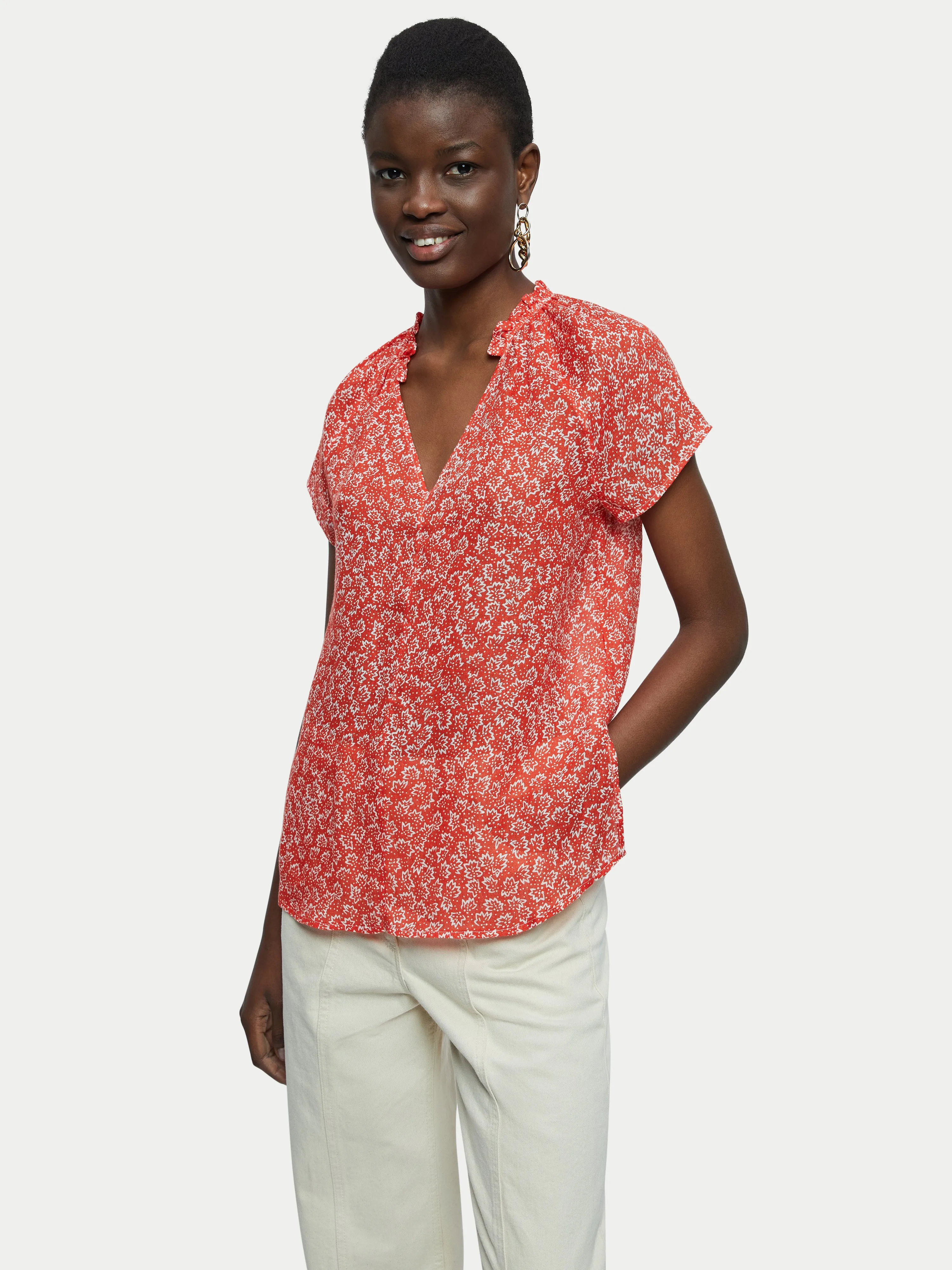 Star Leaf Printed Linen Gauze Top | Red sold by Jigsaw