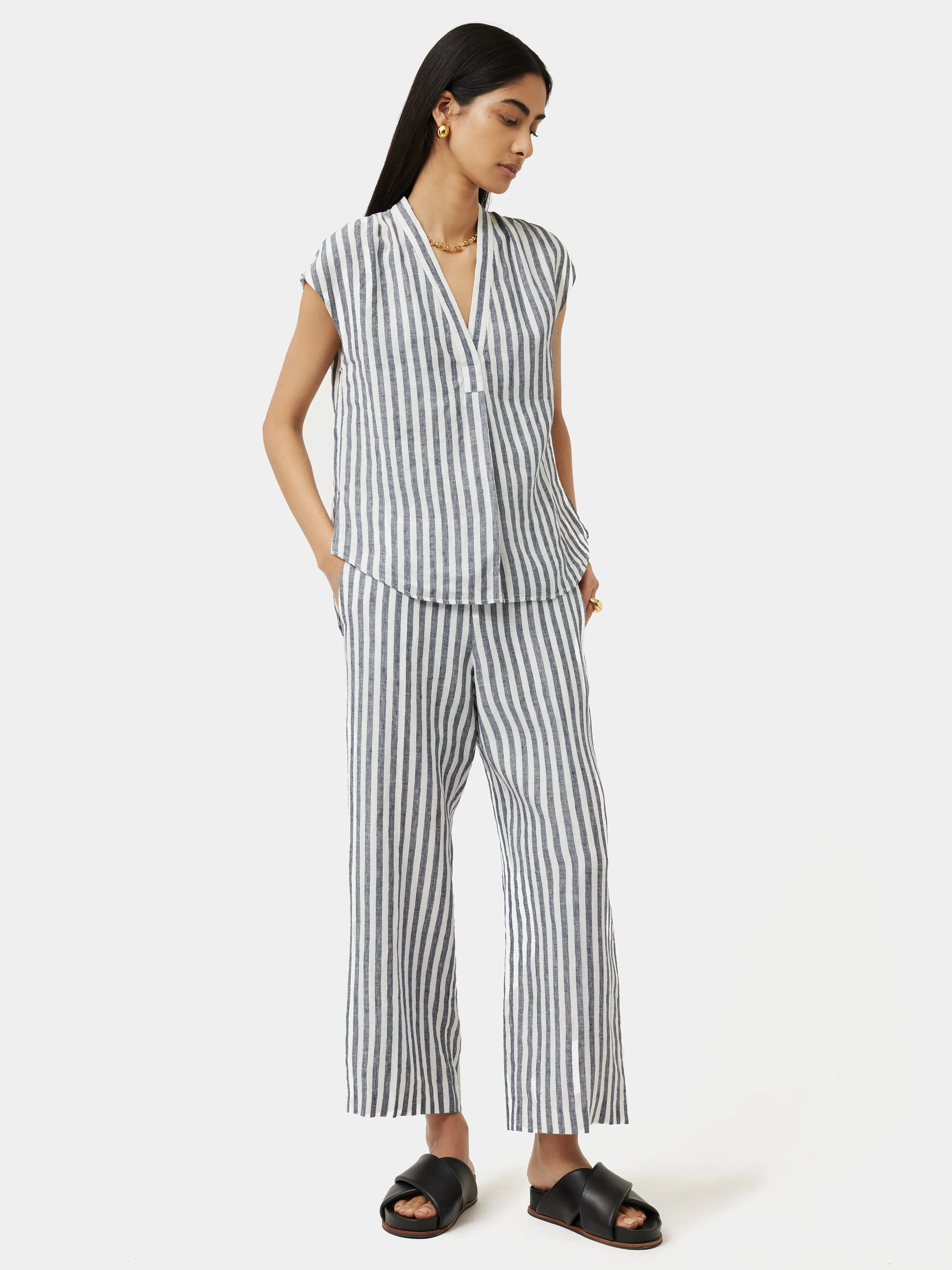 Linen Stripe Palazzo Trouser | Navy sold by Jigsaw