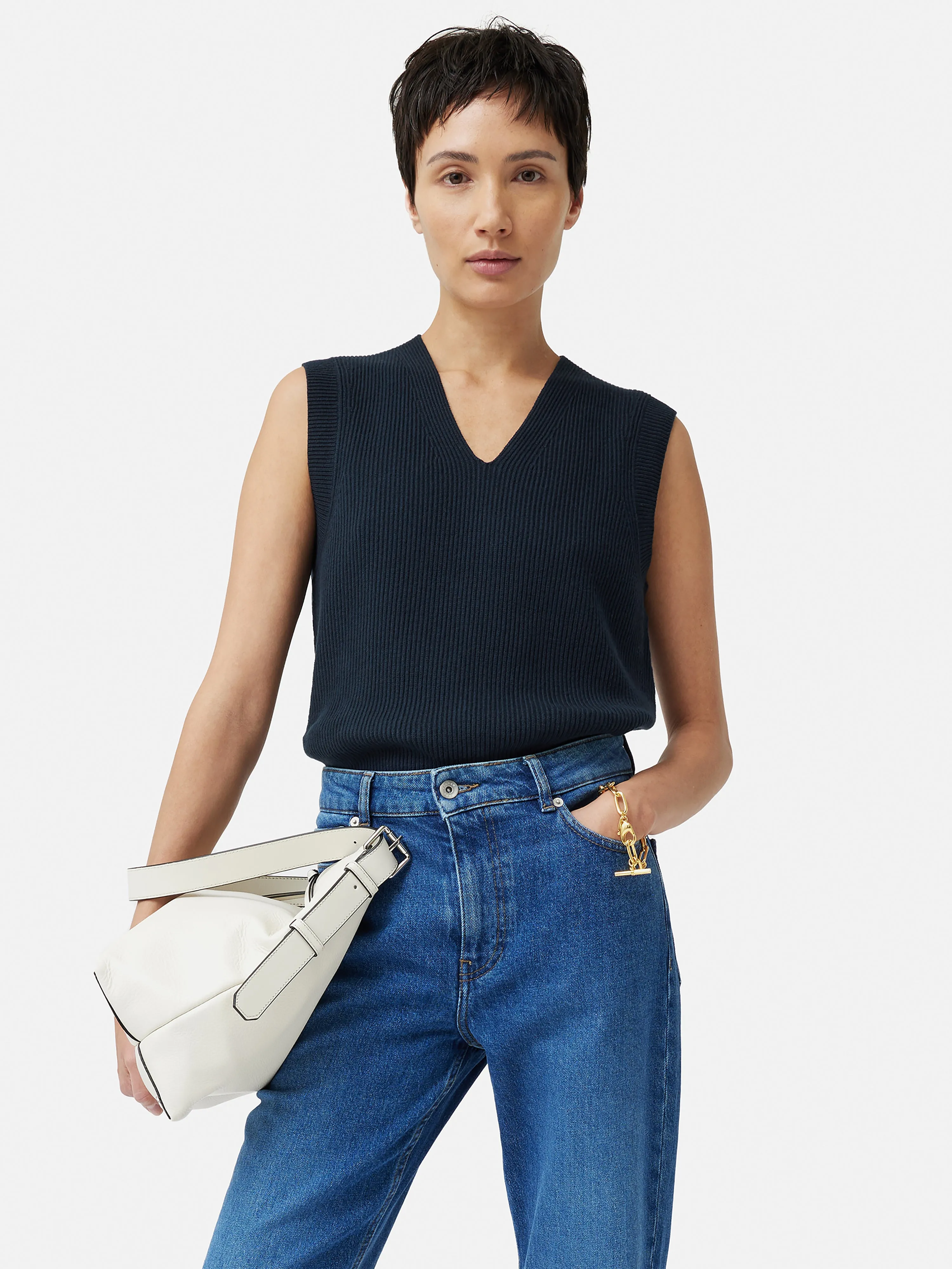 Cotton Blend V Neck Tank | Navy sold by Jigsaw