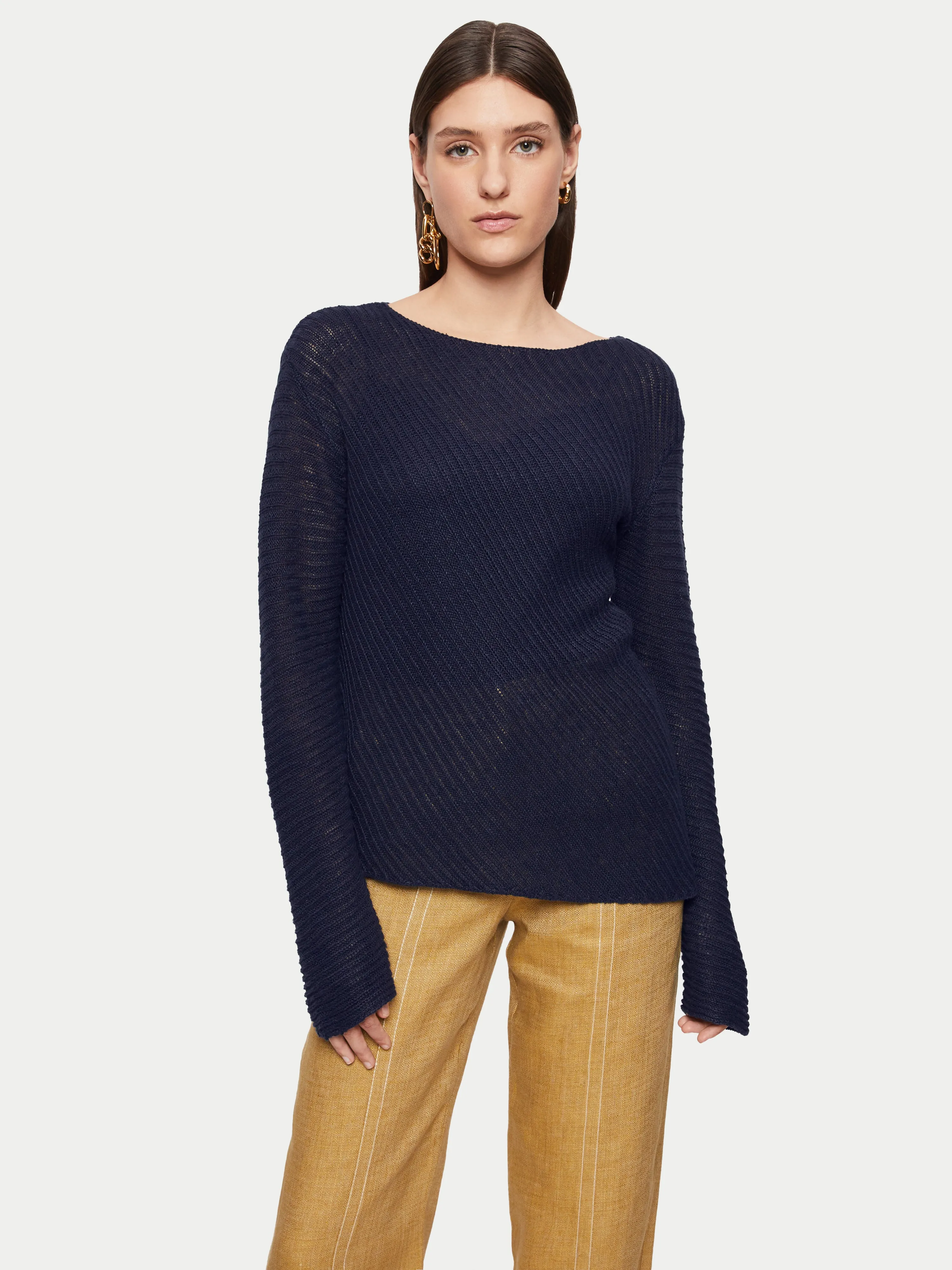 Pure Linen Slanted Rib Jumper | Navy sold by Jigsaw