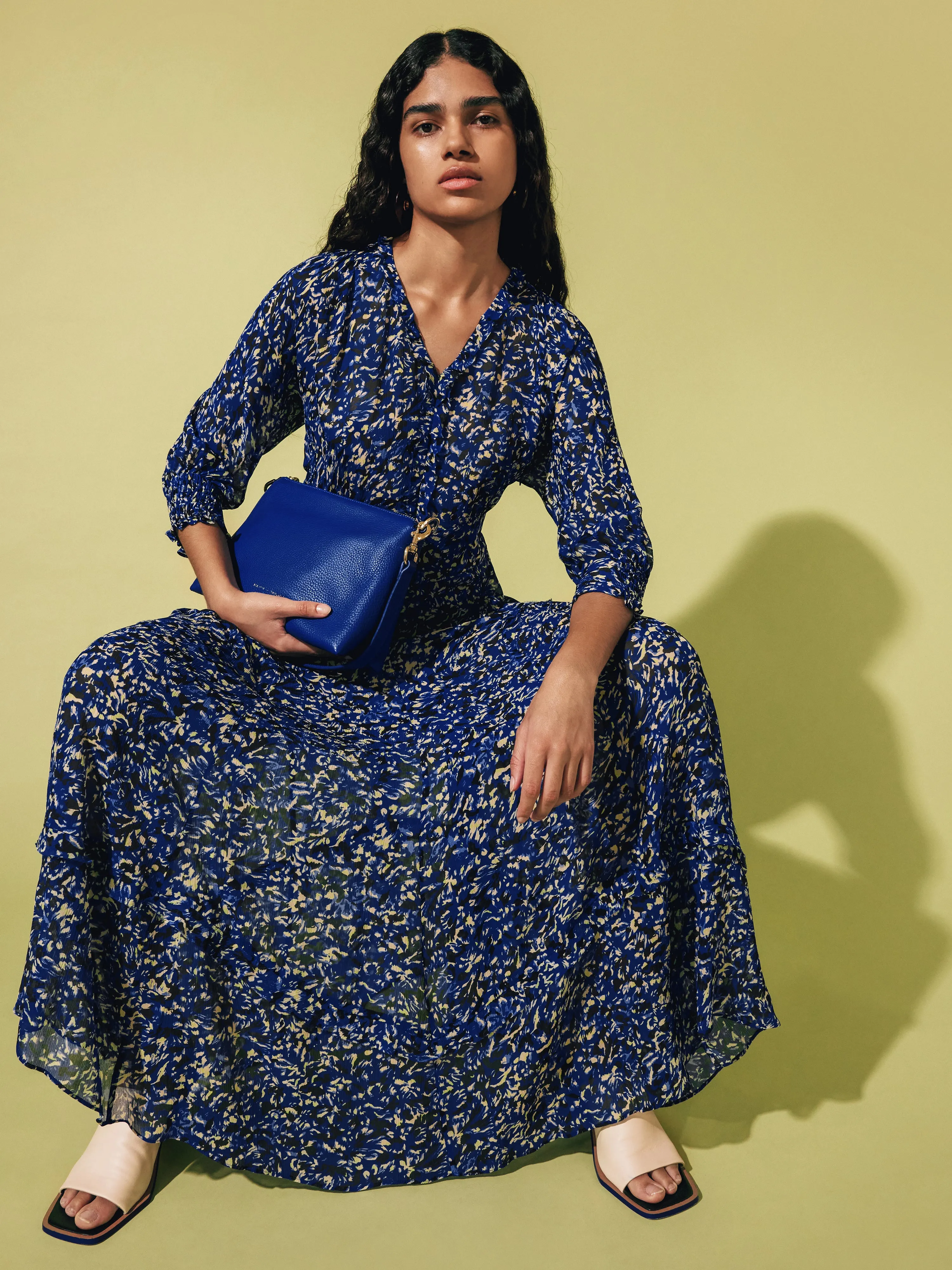 Brushwork Crinkle Ruffle Dress | Blue sold by Jigsaw