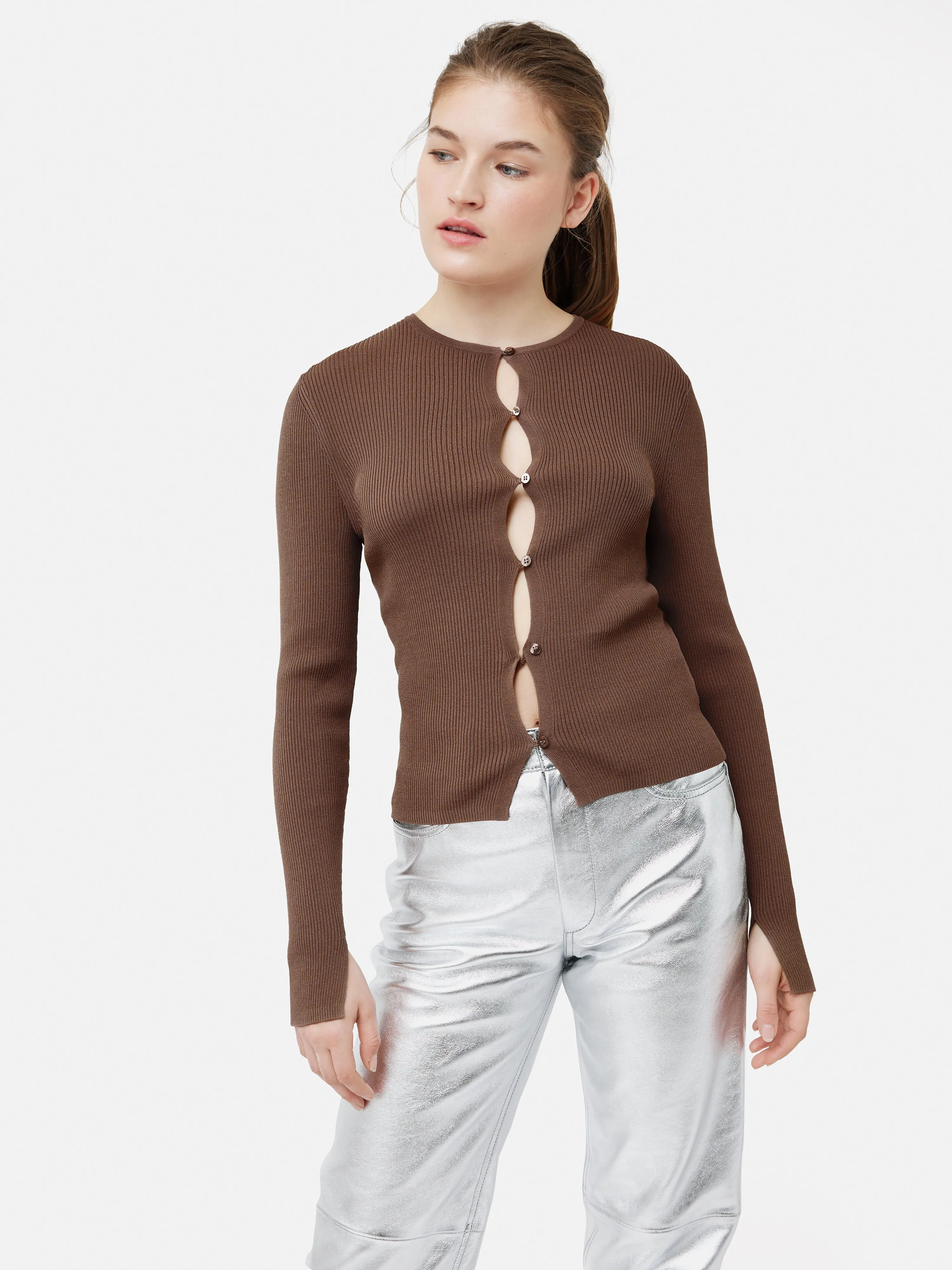 Cropped Crew Neck Cardigan | Brown sold by Jigsaw product image thumbnail 2