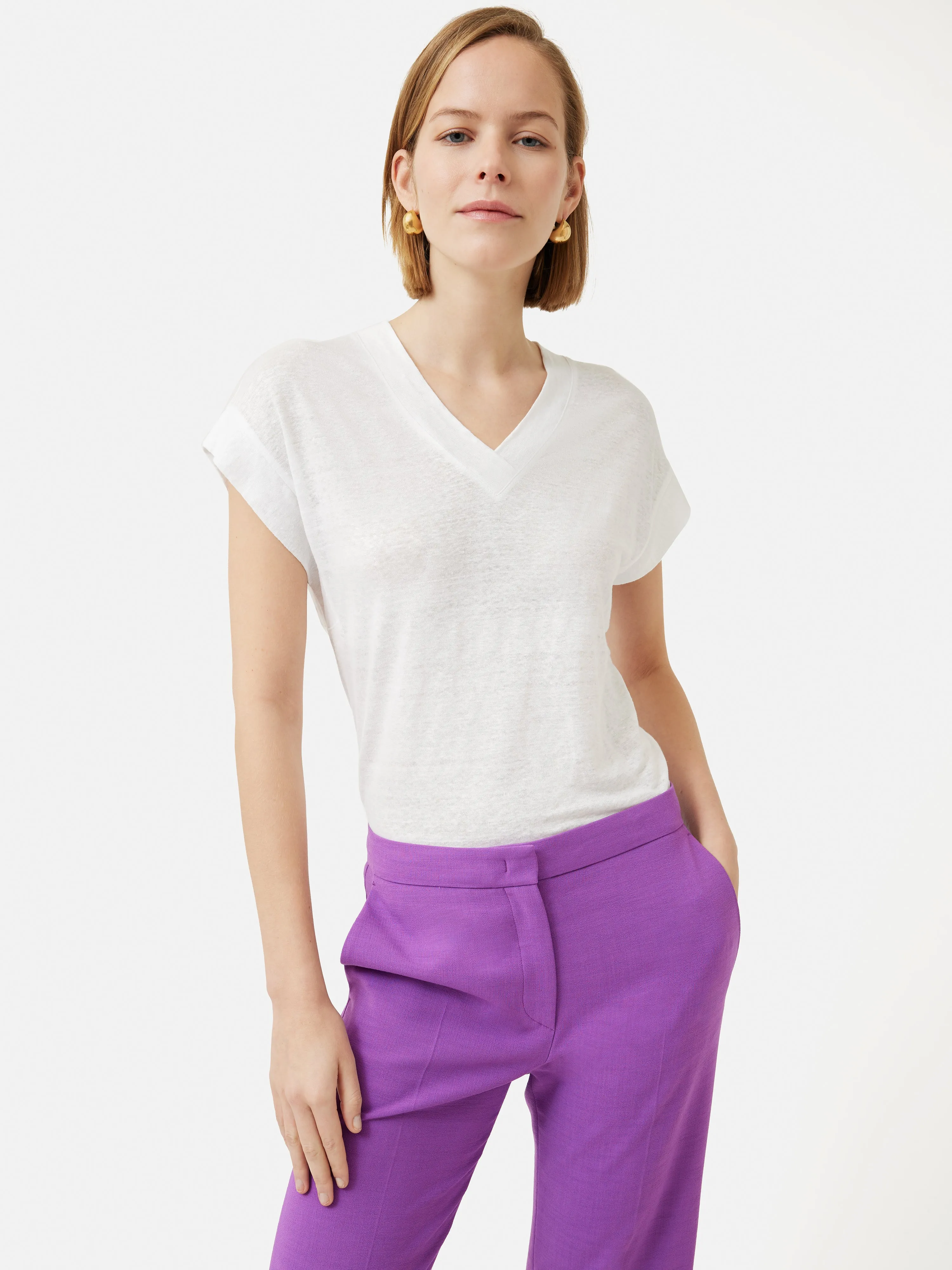 Linen Short Sleeve V Neck Tee | White sold by Jigsaw