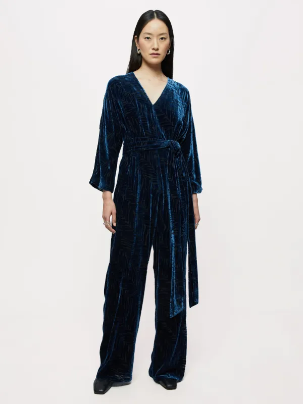 Zebra Devore Velvet Jumpsuit | Blue sold by Jigsaw
