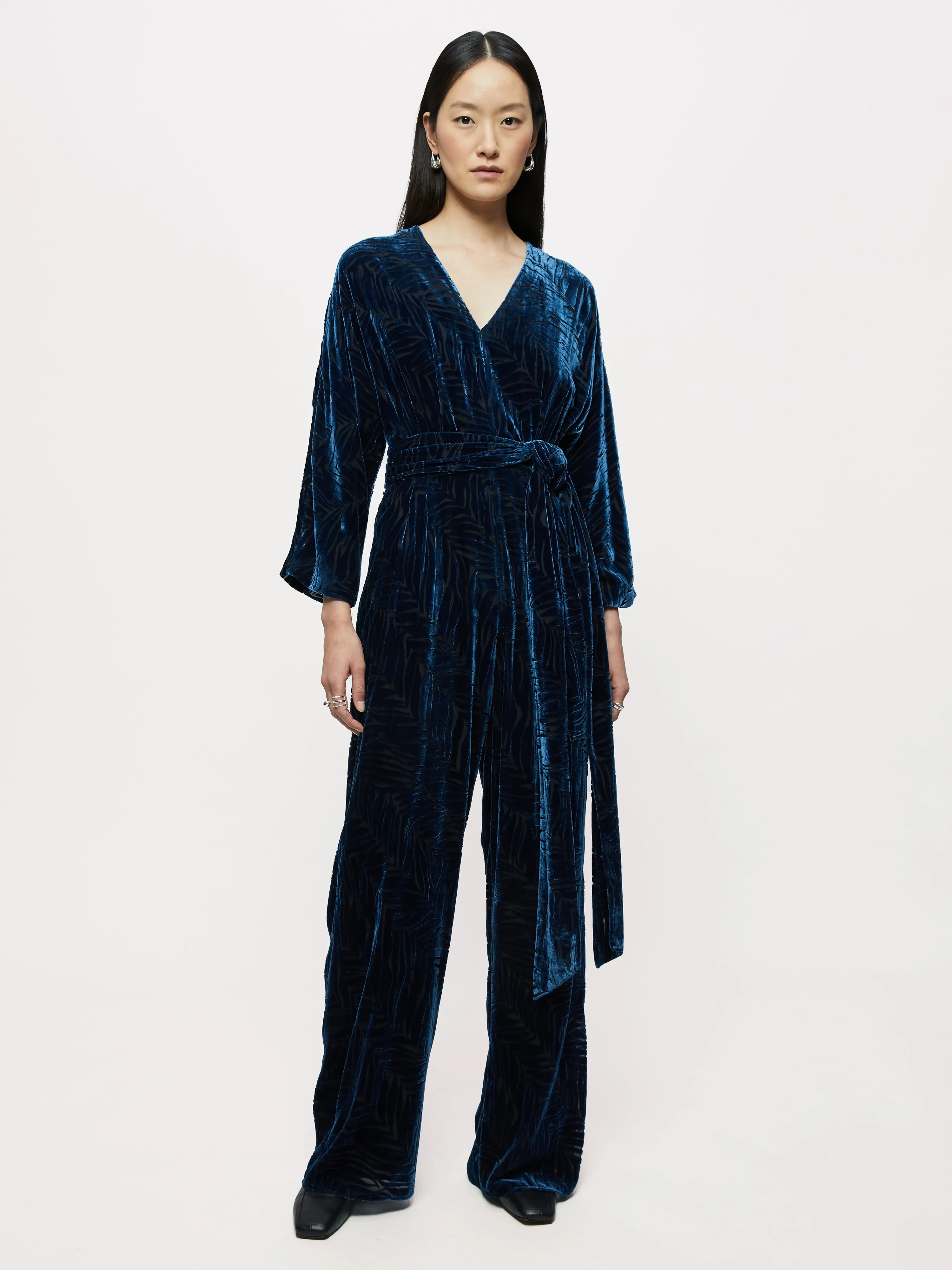 Zebra Devore Velvet Jumpsuit | Blue sold by Jigsaw