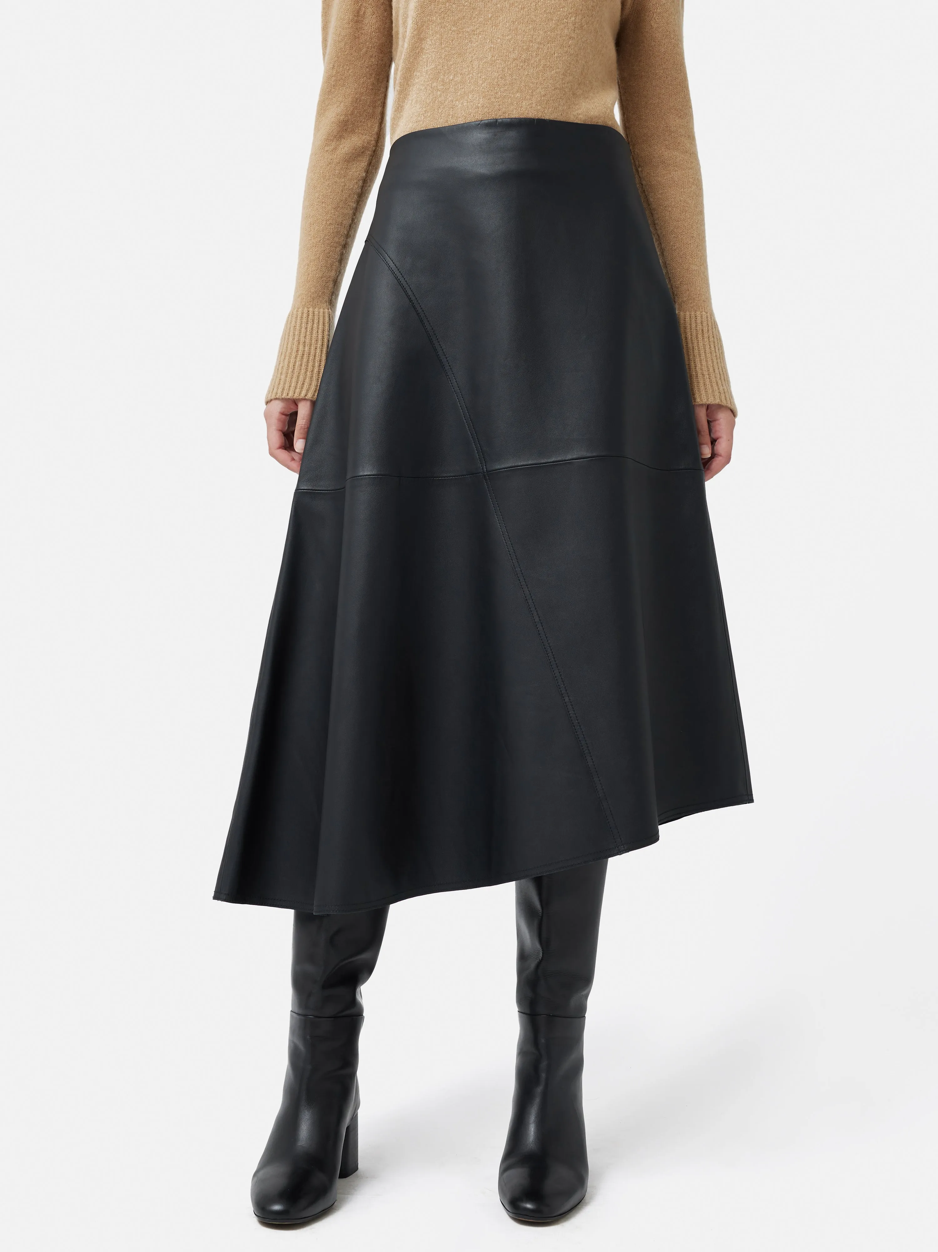 Leather Midi Asymmetric Skirt | Black sold by Jigsaw