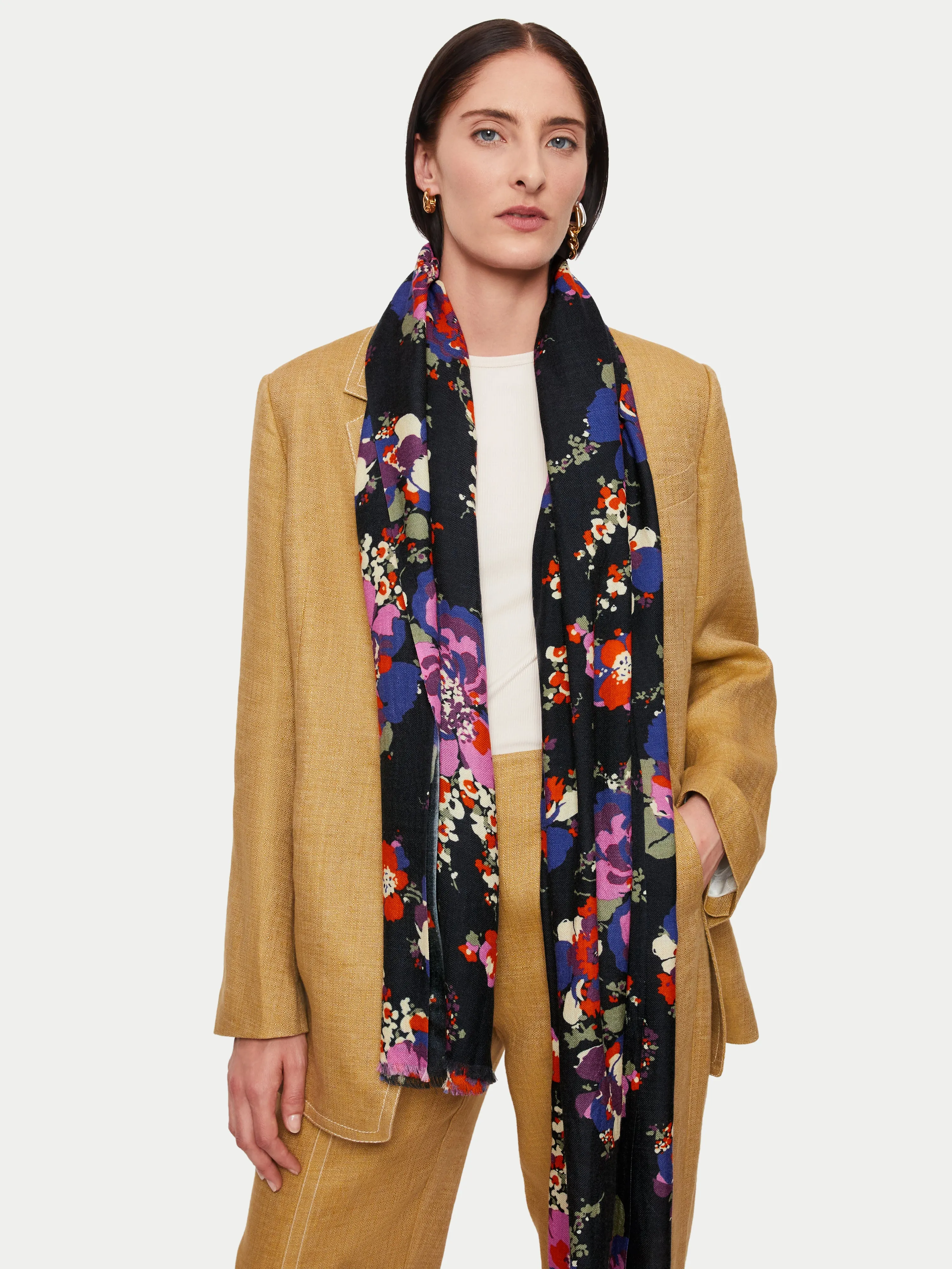 Wild Rose Wool Silk Scarf | Blue sold by Jigsaw