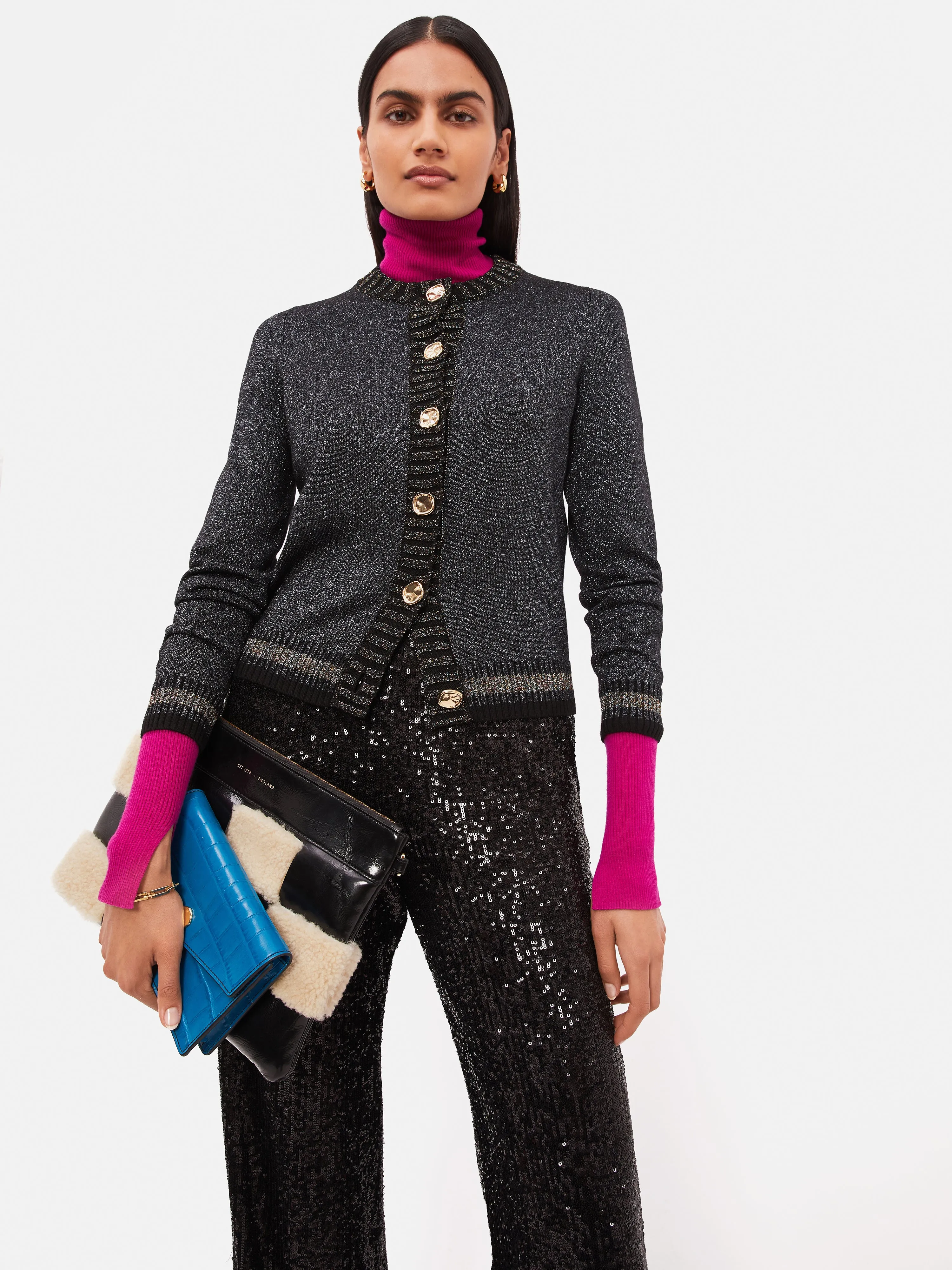 Metallic Crew Cardigan | Black sold by Jigsaw