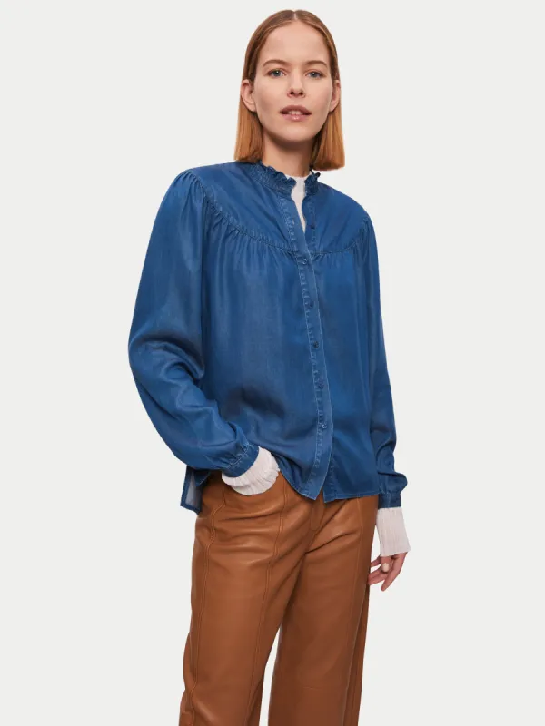 Chambray Ruffle Neck Top | Blue sold by Jigsaw