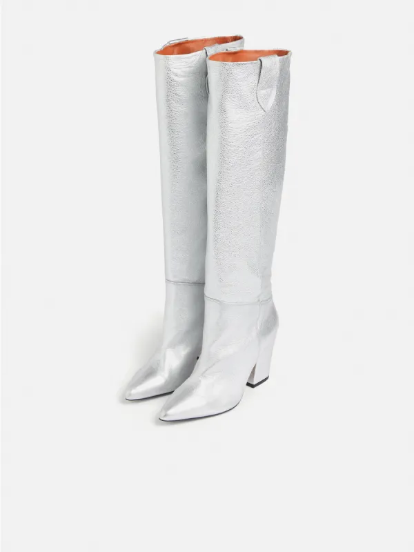 Anika Knee High Heeled Boot | Silver sold by Jigsaw
