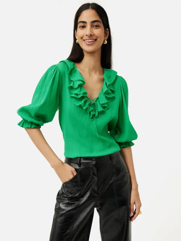 Cotton Crinkle Ruffle Top | Green sold by Jigsaw