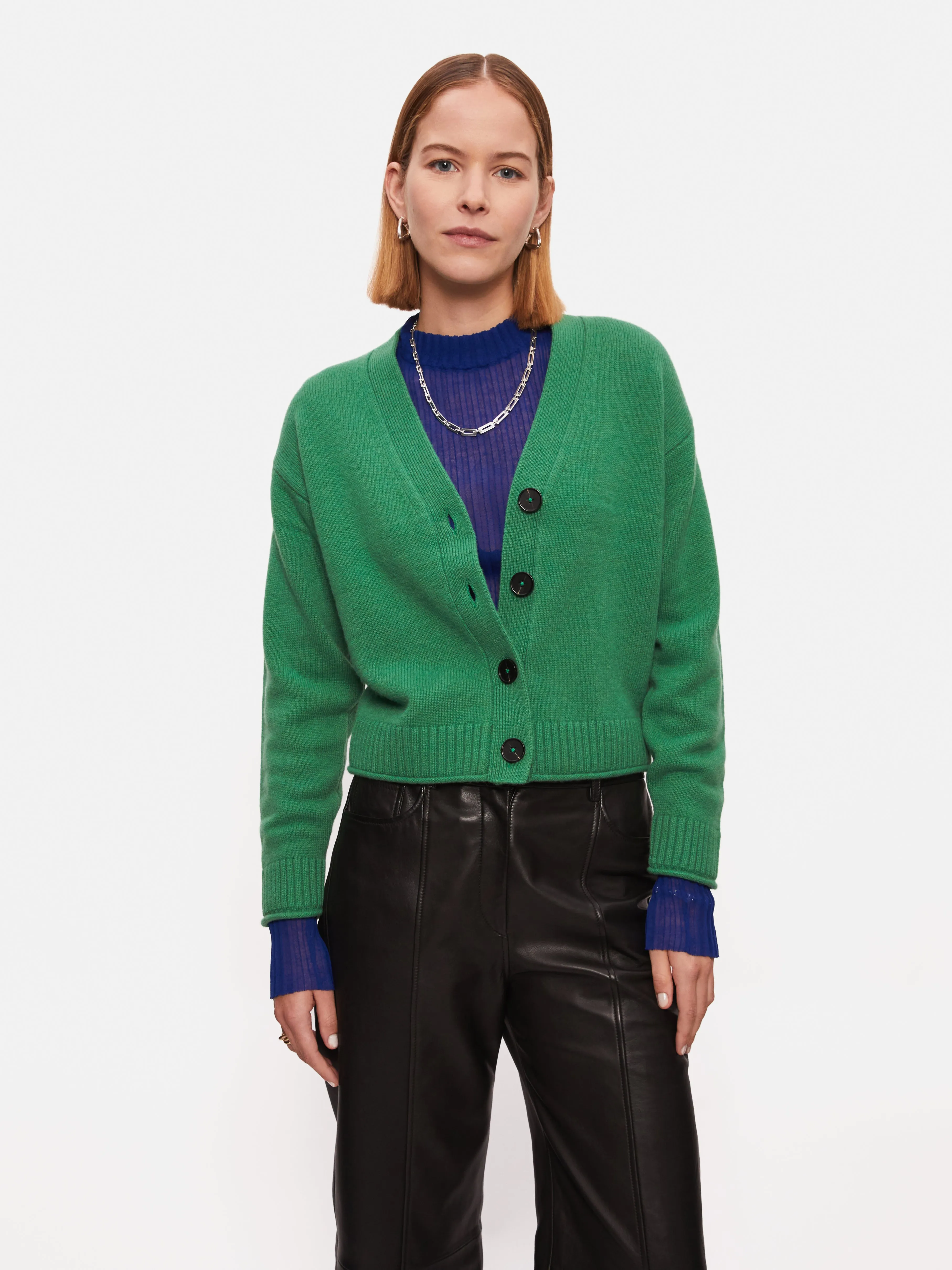 Compact Wool Cashmere Blend Cardigan | Green sold by Jigsaw