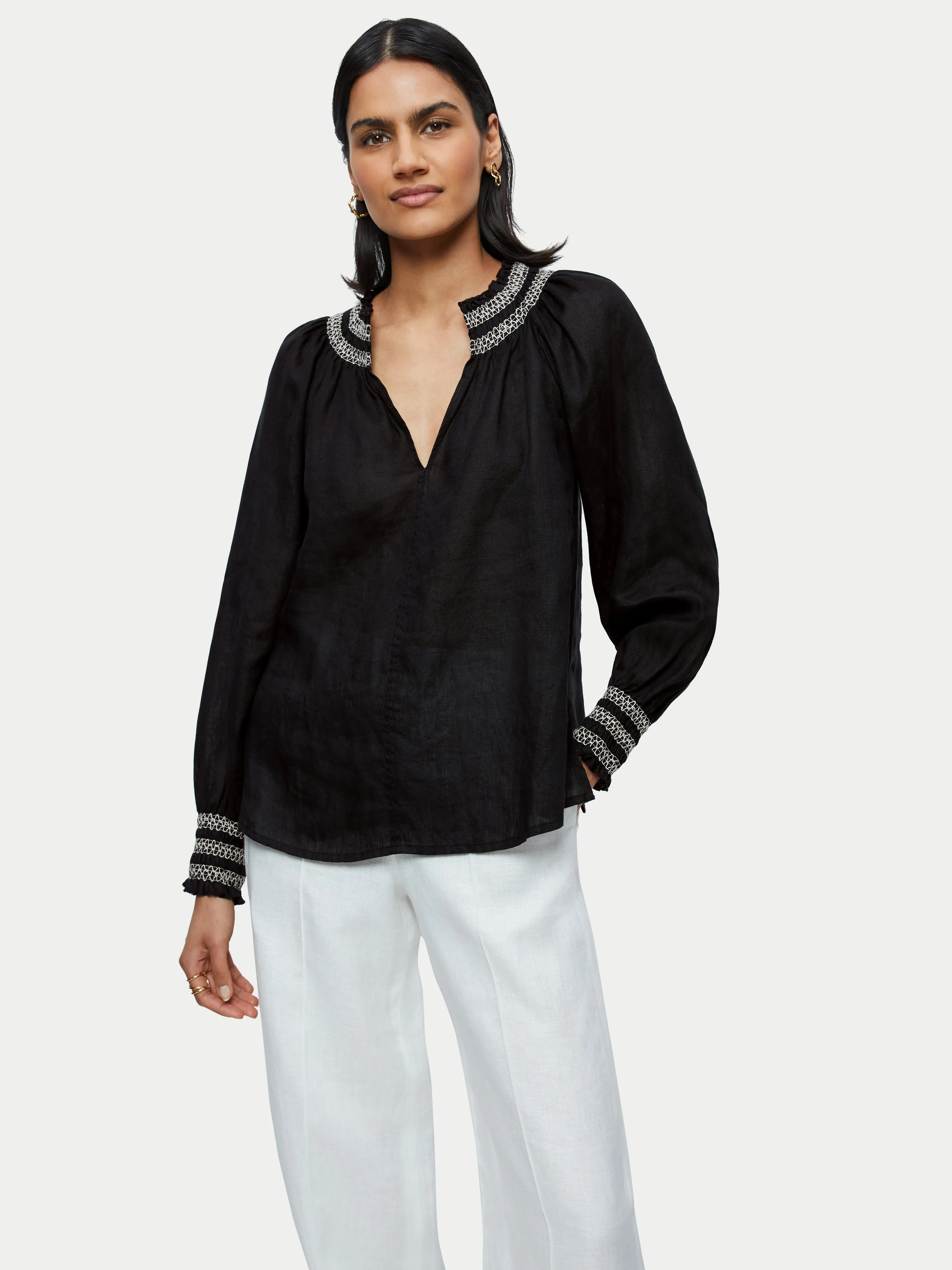 Light Linen Smocked Detail Top | Black sold by Jigsaw