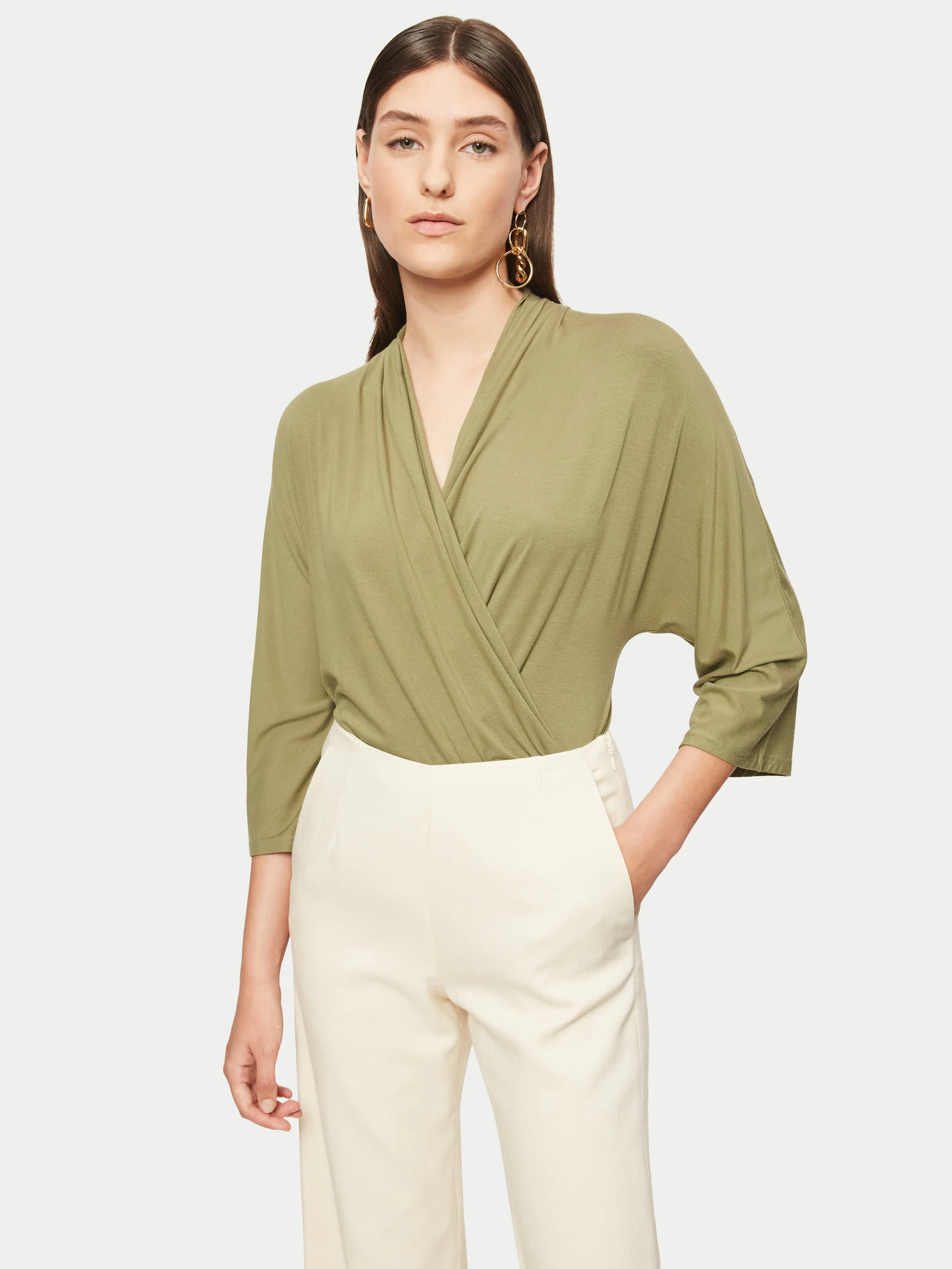 Jersey Wrap Kimono Sleeve Top | Green sold by Jigsaw
