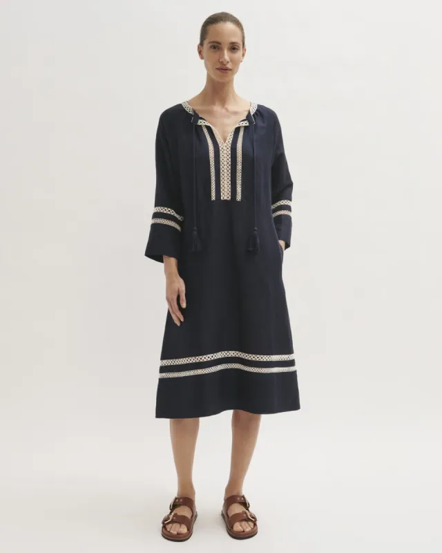 Caya Broderie Linen Blend Dress | Navy sold by Jigsaw