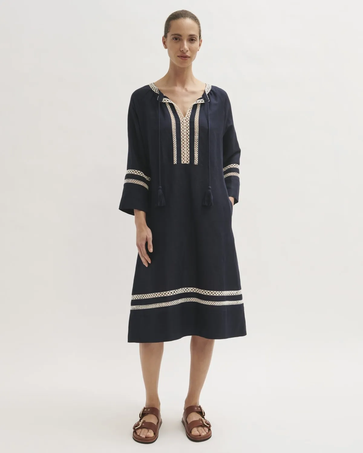Caya Broderie Linen Blend Dress | Navy sold by Jigsaw
