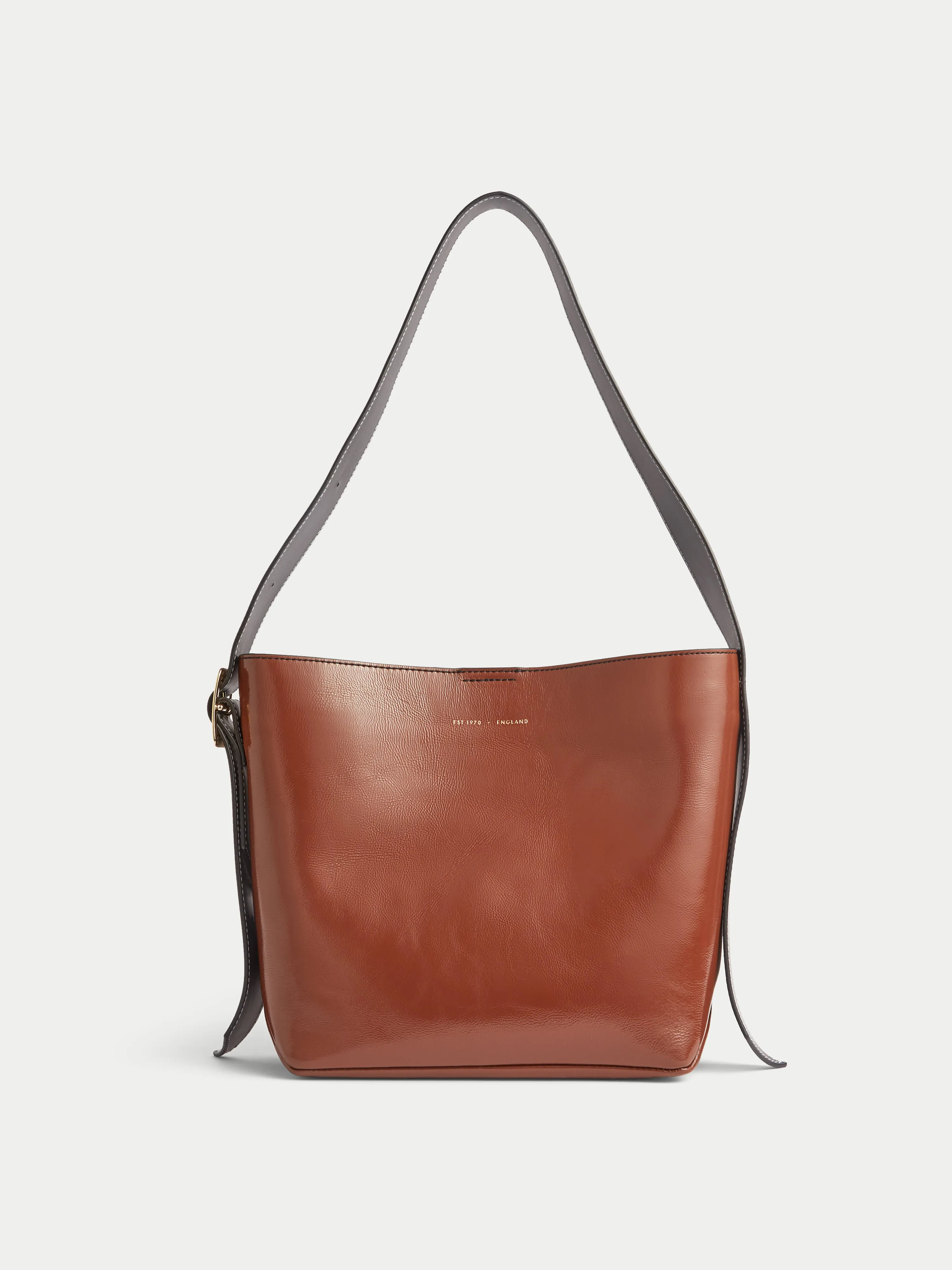 Zoey Buckle Patent Tote | Tan sold by Jigsaw